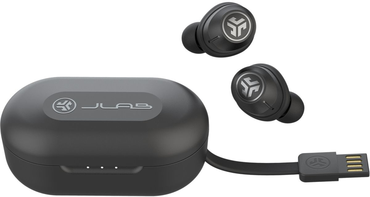 Écouteurs noirs, étui de chargement avec voyants et câble USB.