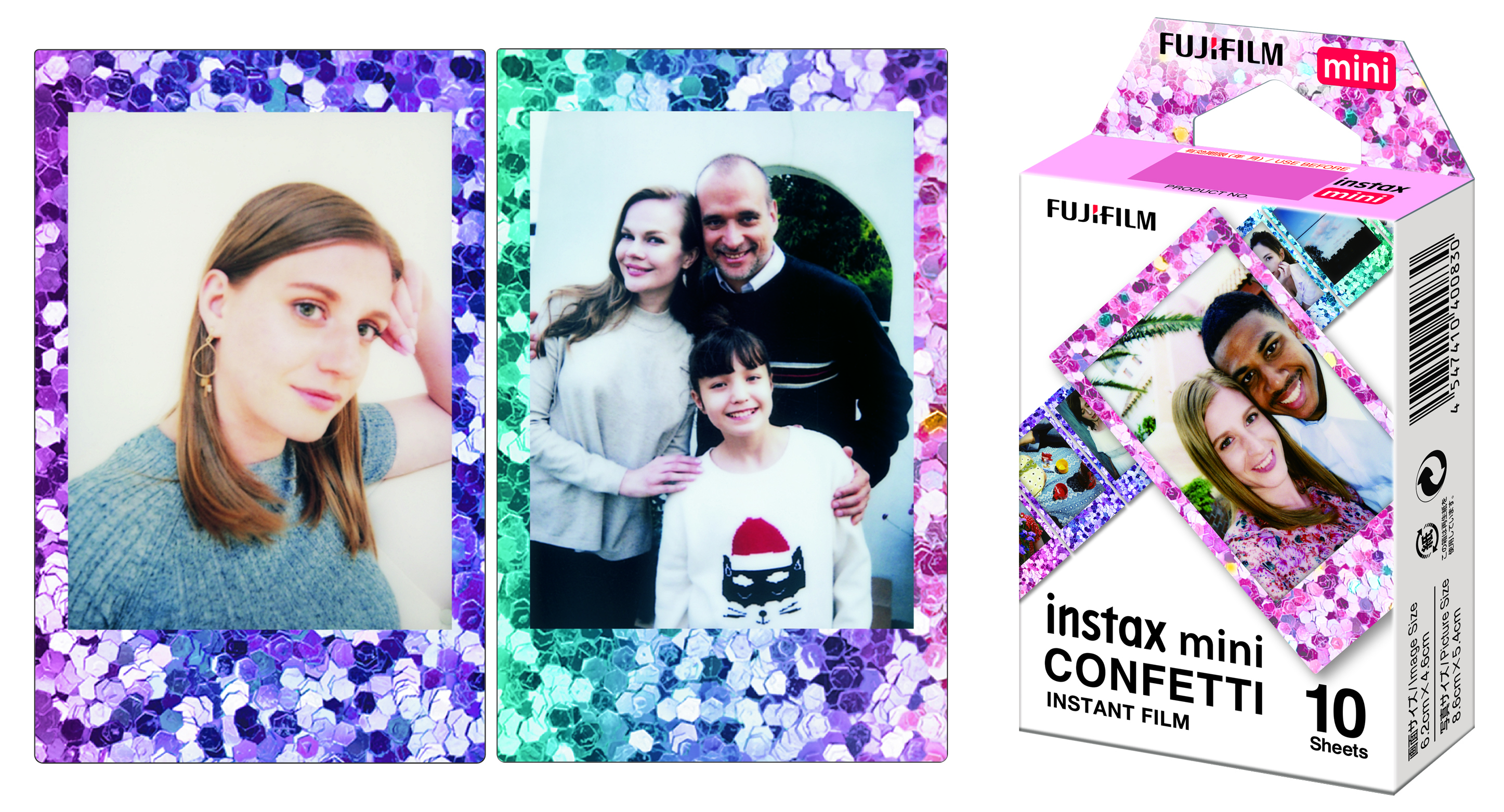 Fotoğraflar ve film kutusu. Çerçeveli iki fotoğraf. Kutu, Instax Mini Confetti filmi yazıyor. Aile fotoğrafları.