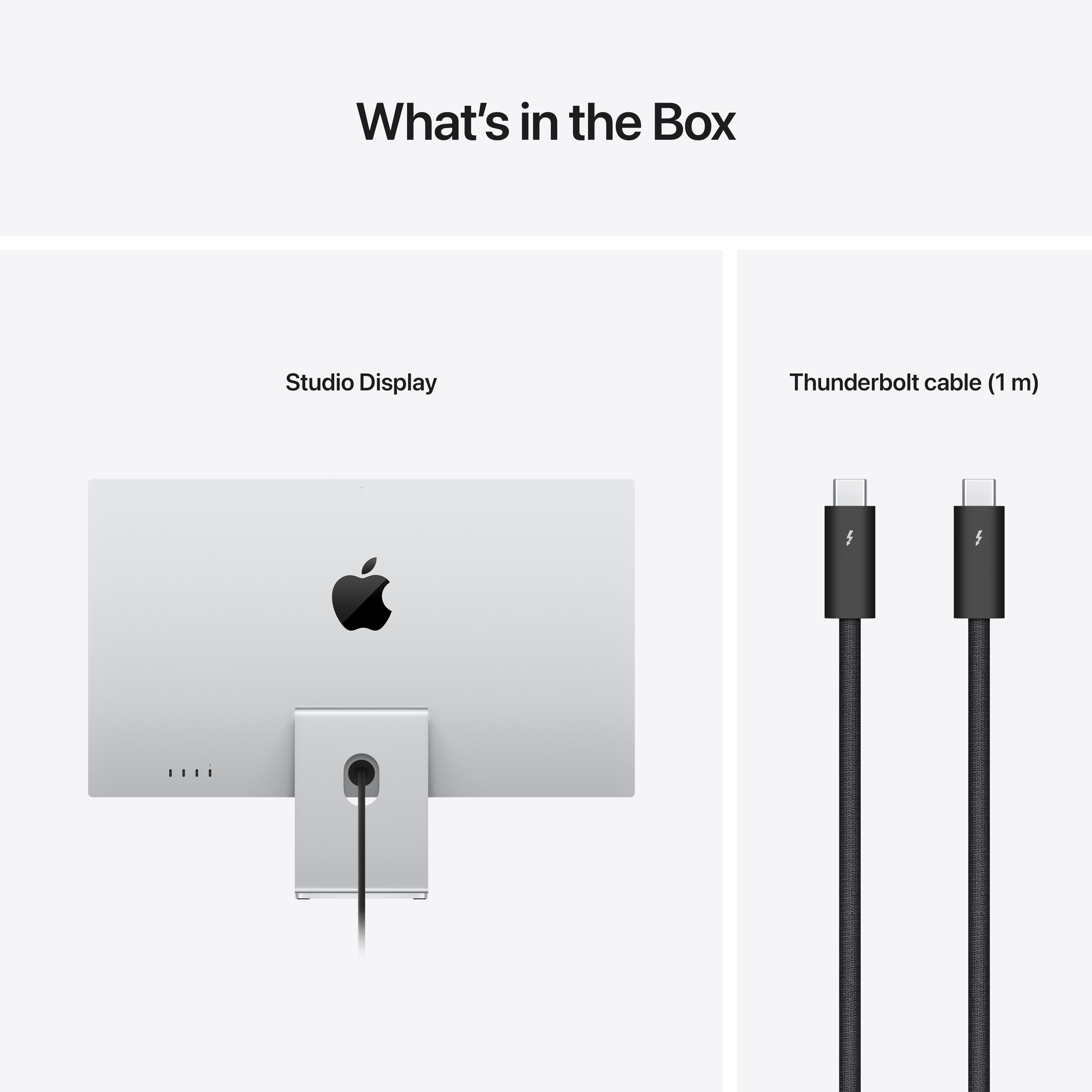 Apple Studio Display und Thunderbolt-Kabel auf weißem Hintergrund. Text: Inhalt der Box.