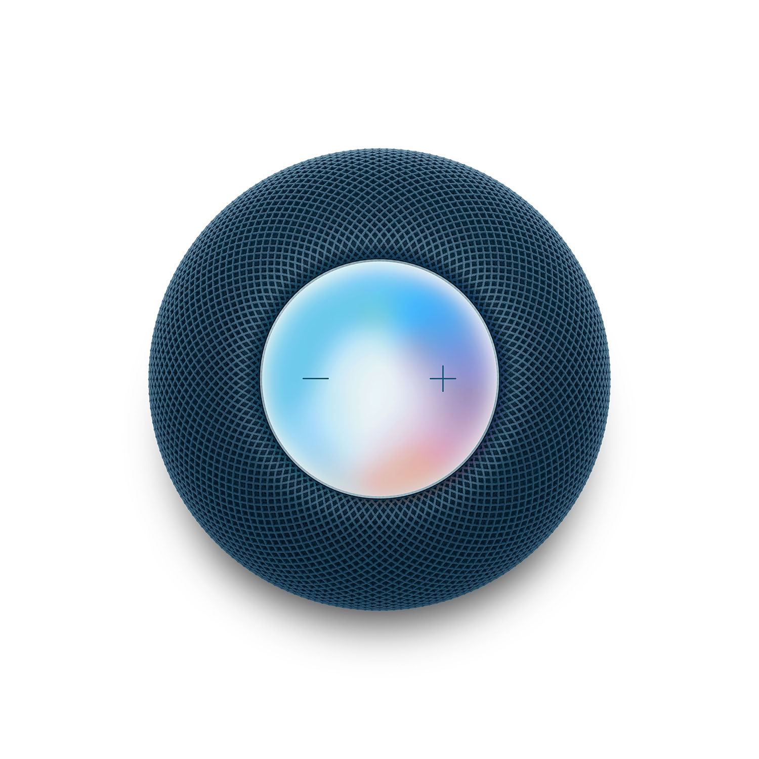 Een blauwe Apple HomePod mini-luidspreker, met een aanraakoppervlak dat een kleurverloop toont.