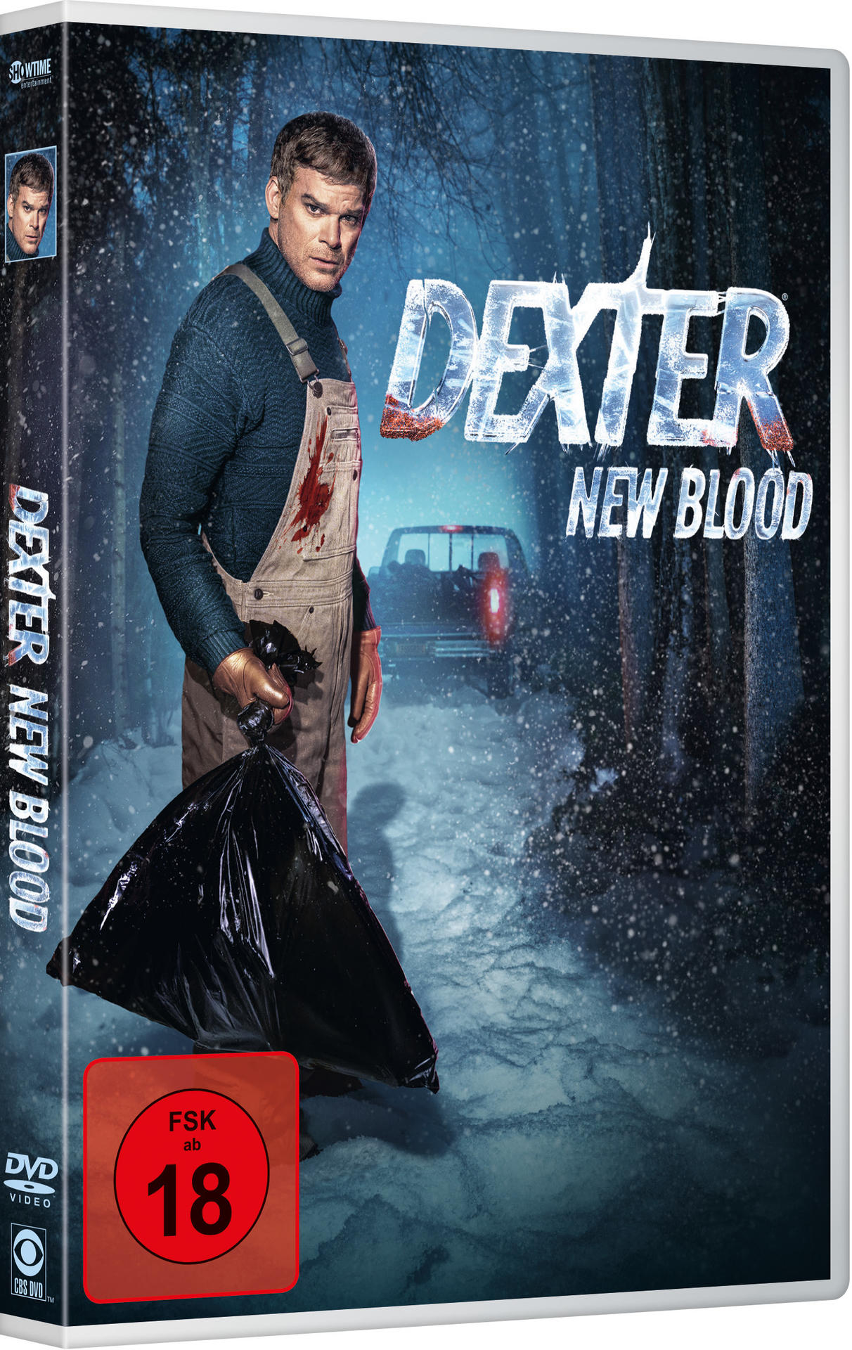 DVD-Cover für 'Dexter: New Blood'. Zeigt einen Mann mit schwarzer Tasche in verschneiter Umgebung.