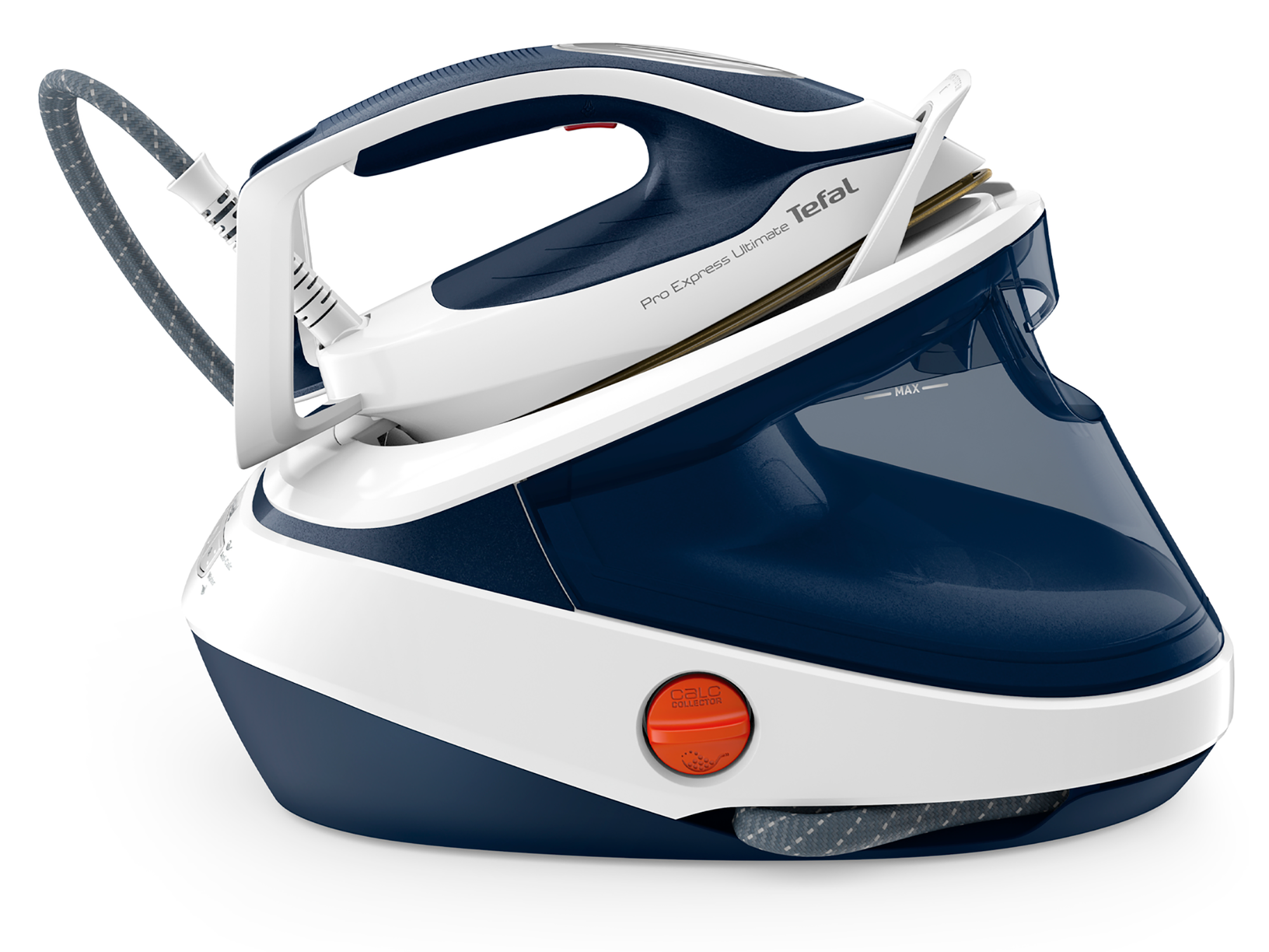 Een wit en blauw Tefal Pro Express Ultimate strijksysteem.