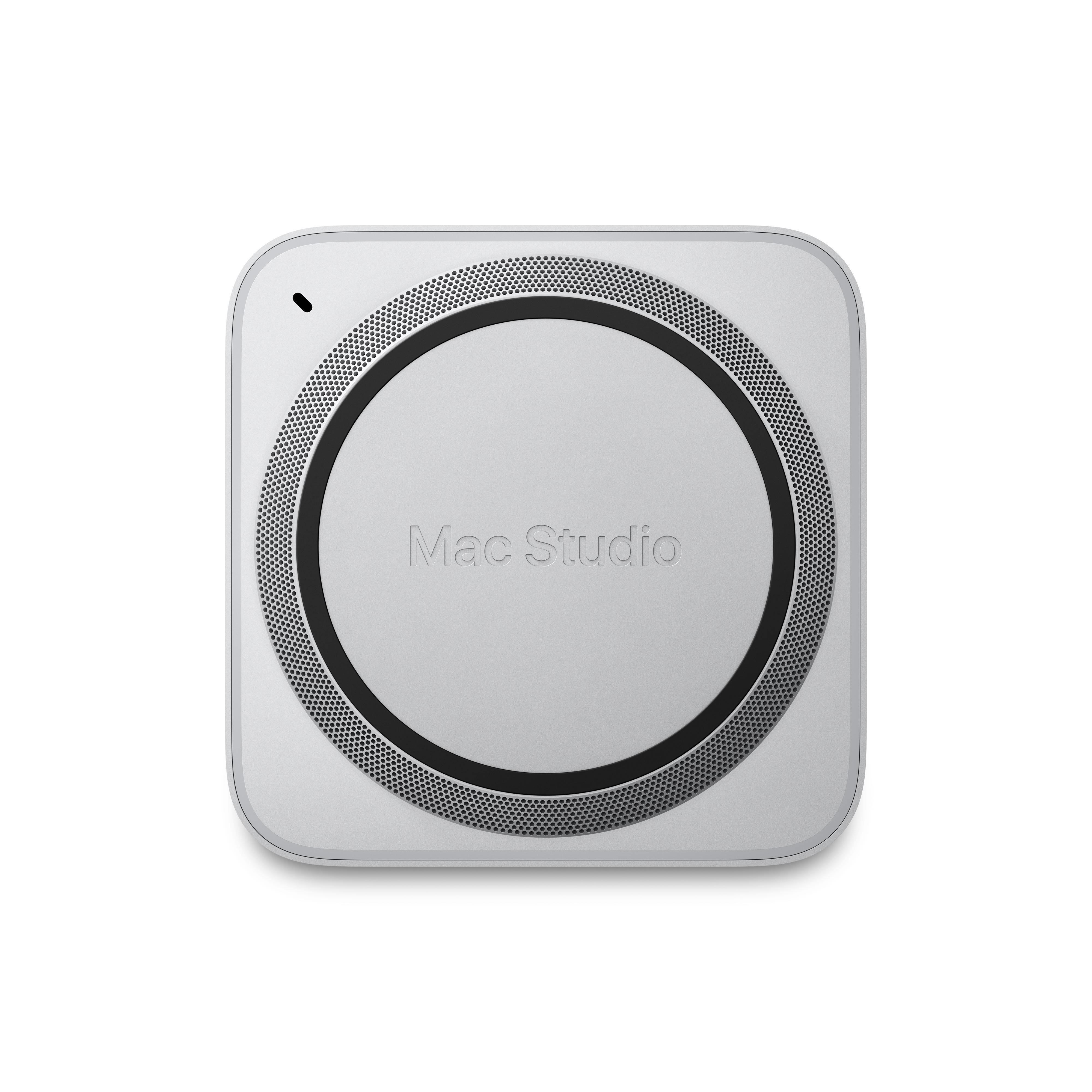 Weißes Mac Studio-Gerät mit schwarzem Kreisdetail auf weißem Hintergrund.