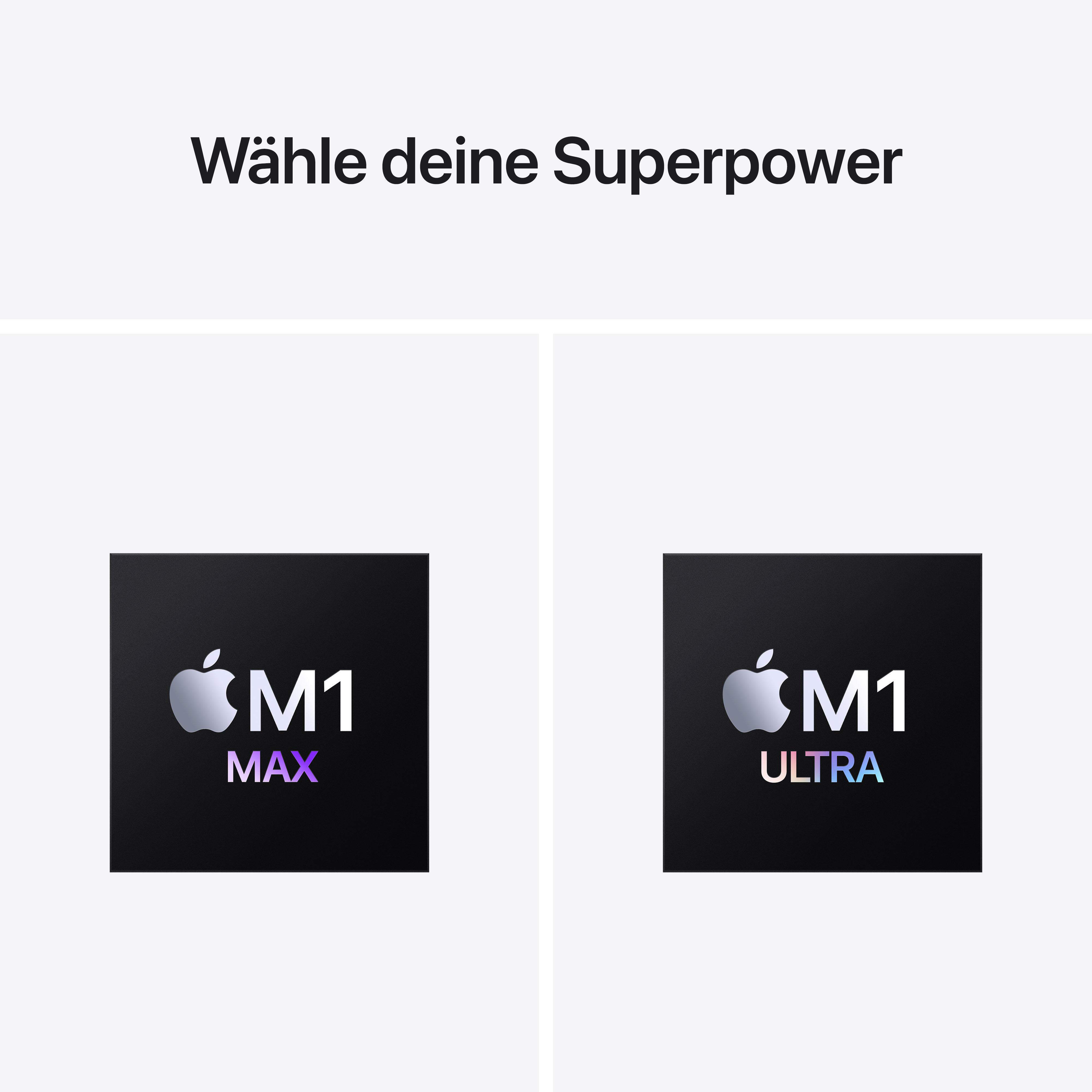 Apple M1 Max- und M1 Ultra-Logos auf schwarzen Quadraten mit Text darüber.