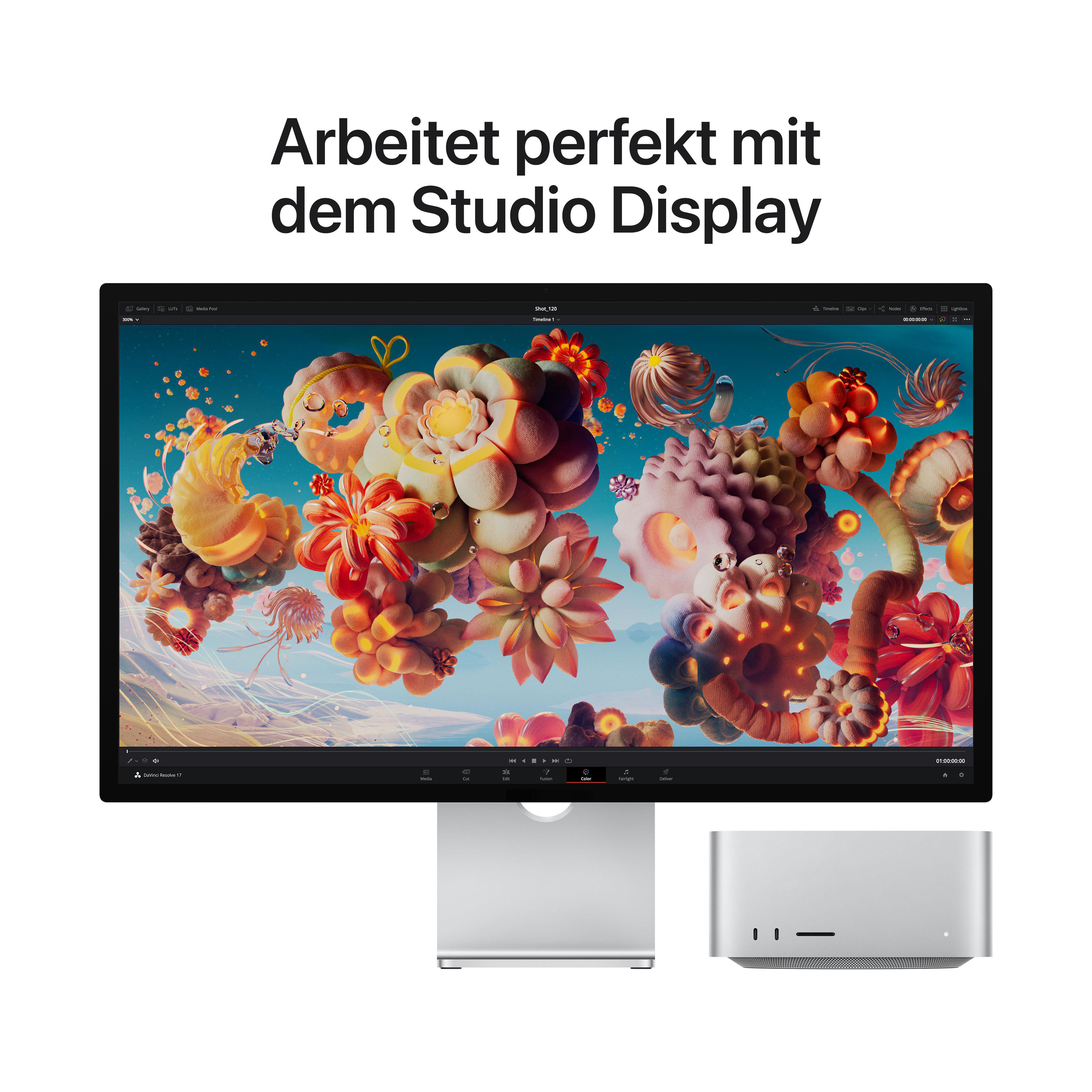Ein großer Computerbildschirm mit Kunst zeigt eine silberne Basis und ein Gerät rechts.