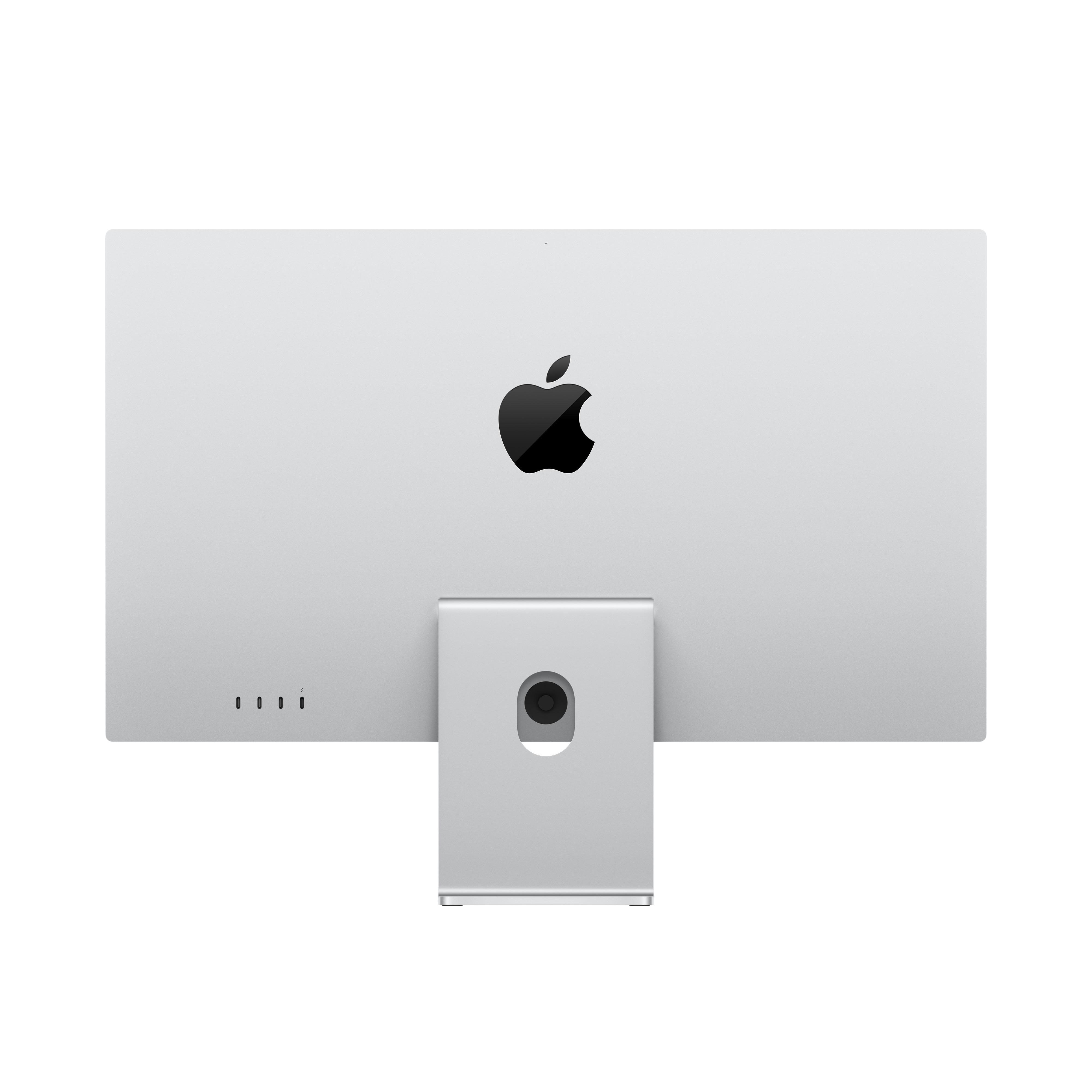 Rückseite eines silbernen Apple-Monitors mit Apple-Logo und silbernem Ständer.