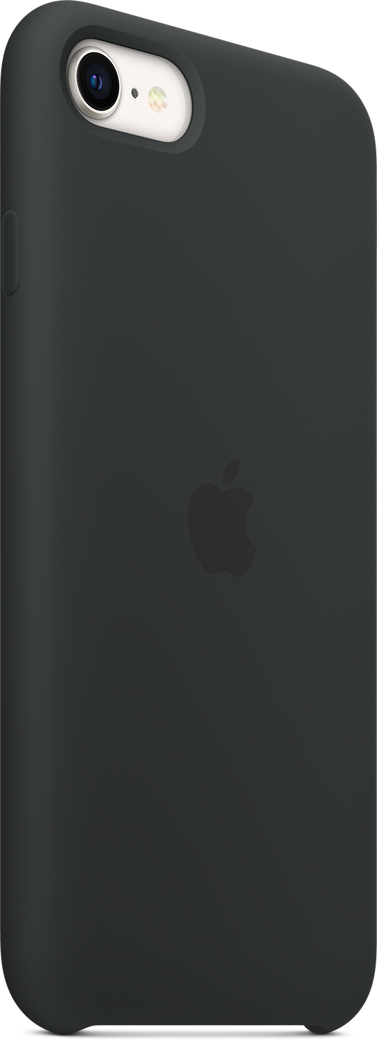 Een zwarte iPhone-hoes met het Apple-logo. De hoes heeft een cameralens.