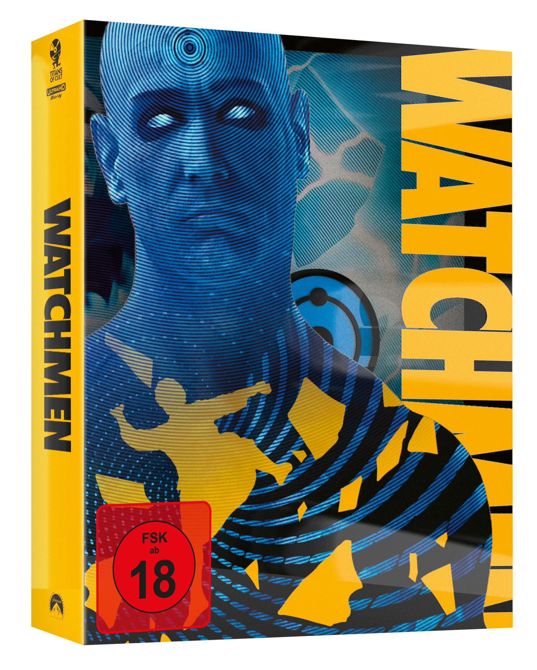 Watchmen DVD-Box. Blaues Gesicht auf dem Cover, gelber Hintergrund mit Text und Logo.