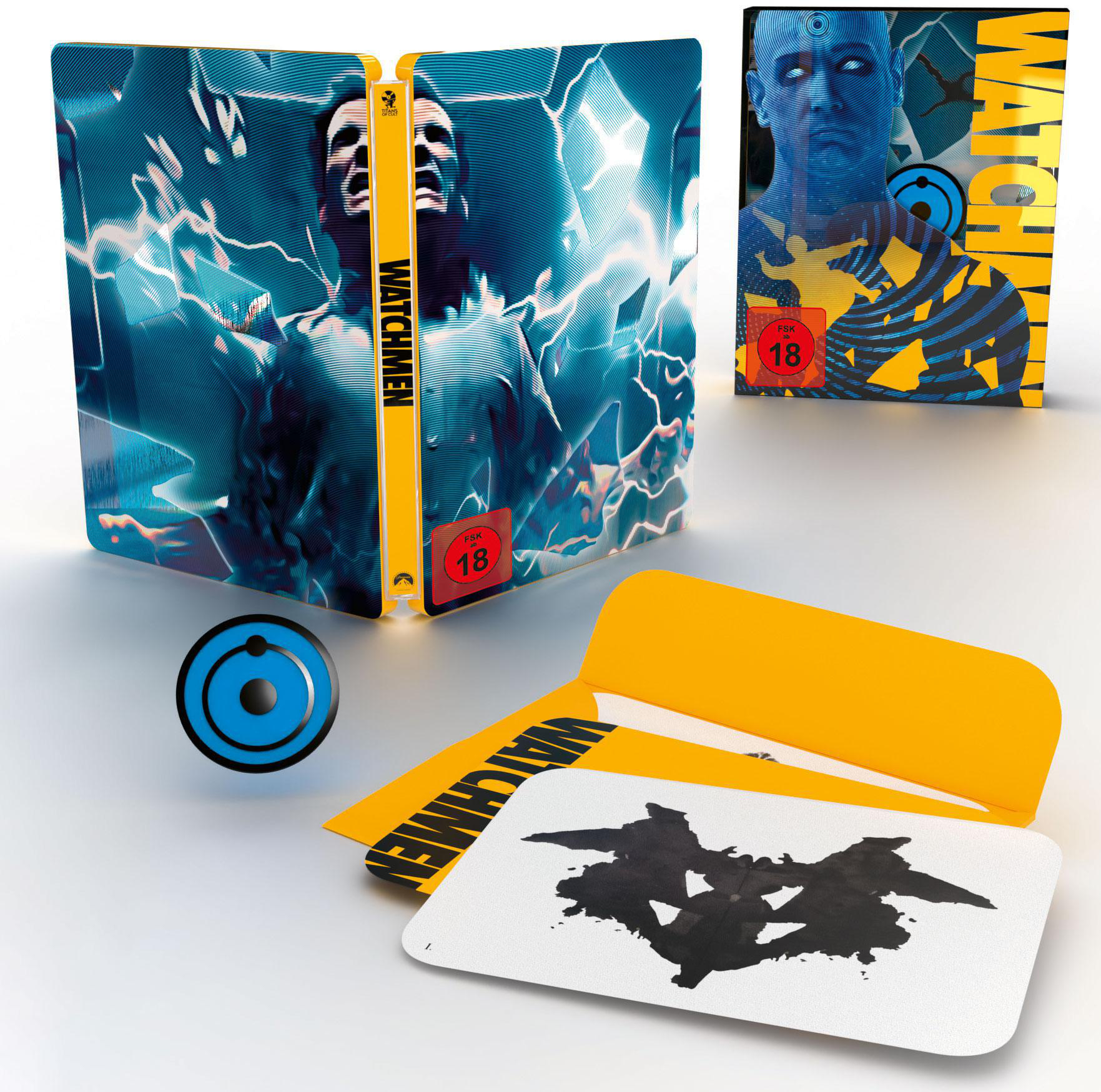 Watchmen-Filmset. Das Cover mit Charakteren. Das Watchmen-Logo und Karten.