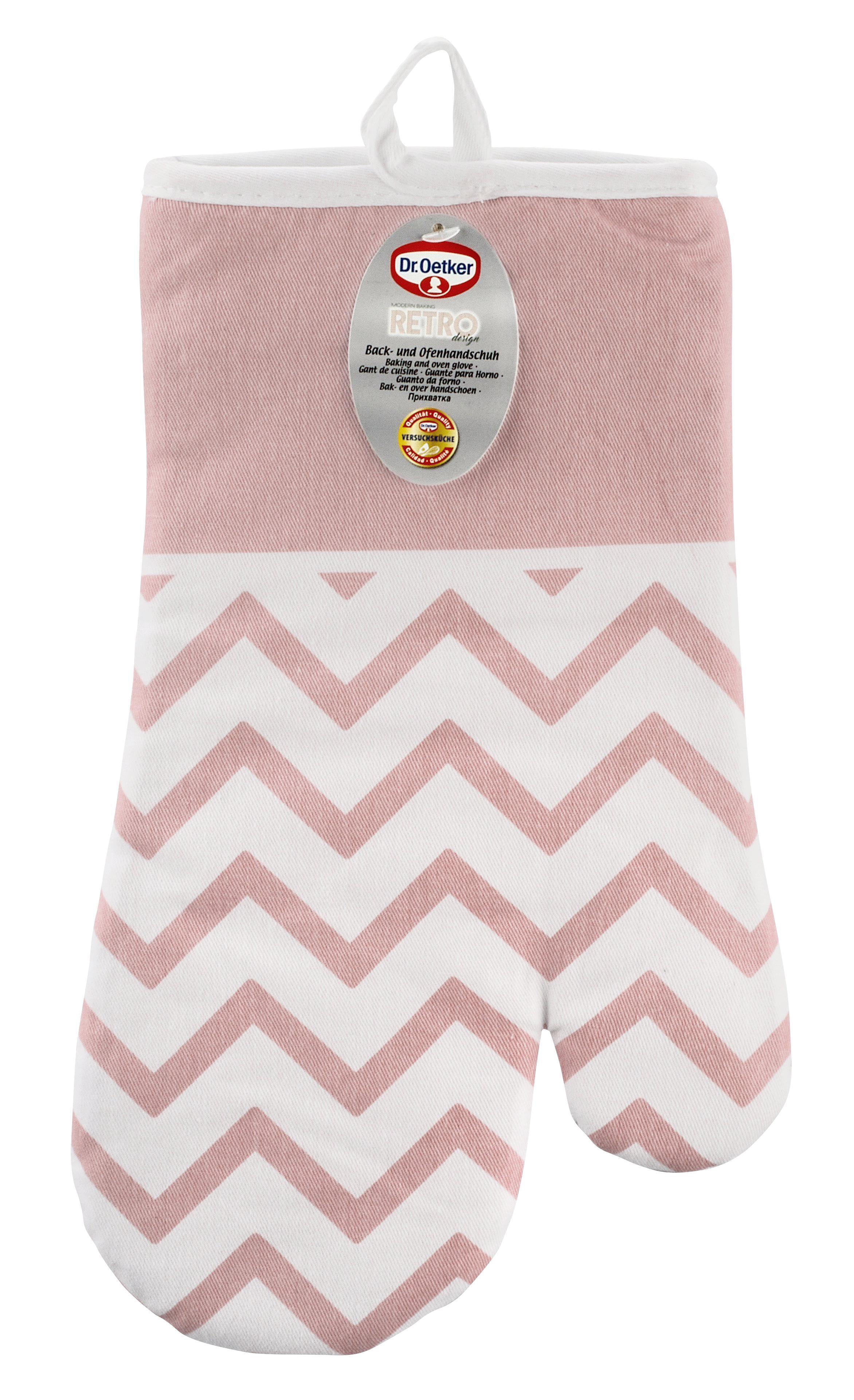 Rosa-weißer Ofenhandschuh mit Zickzackmuster und Dr. Oetker-Etikett.