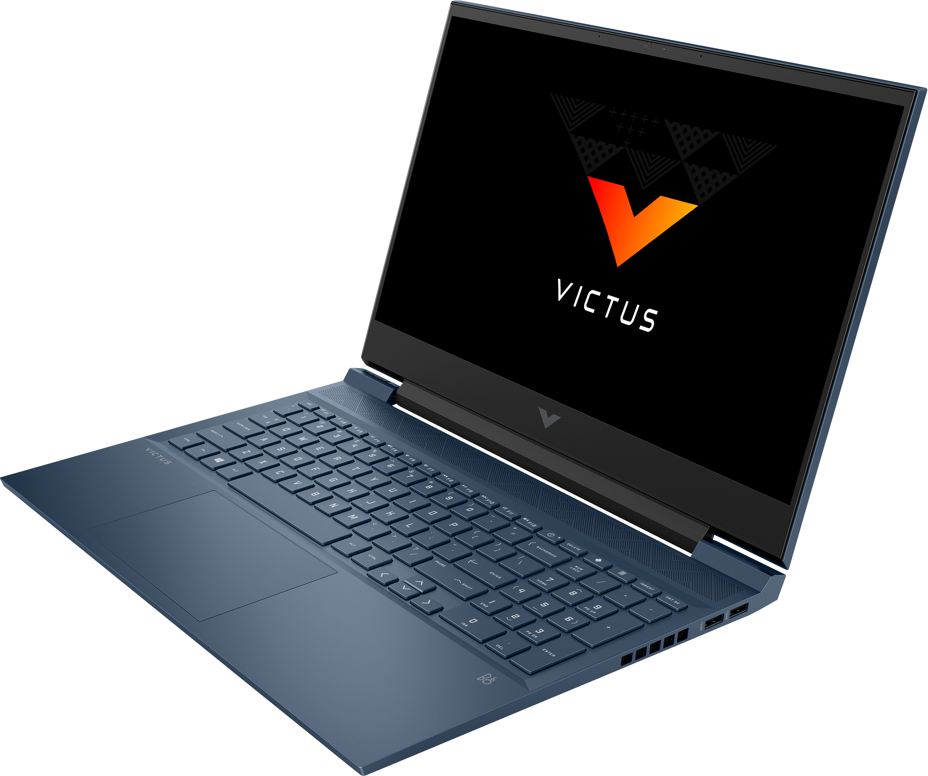 Portátil azul con la palabra 'VICTUS' en la pantalla, abierto, y fondo oscuro.