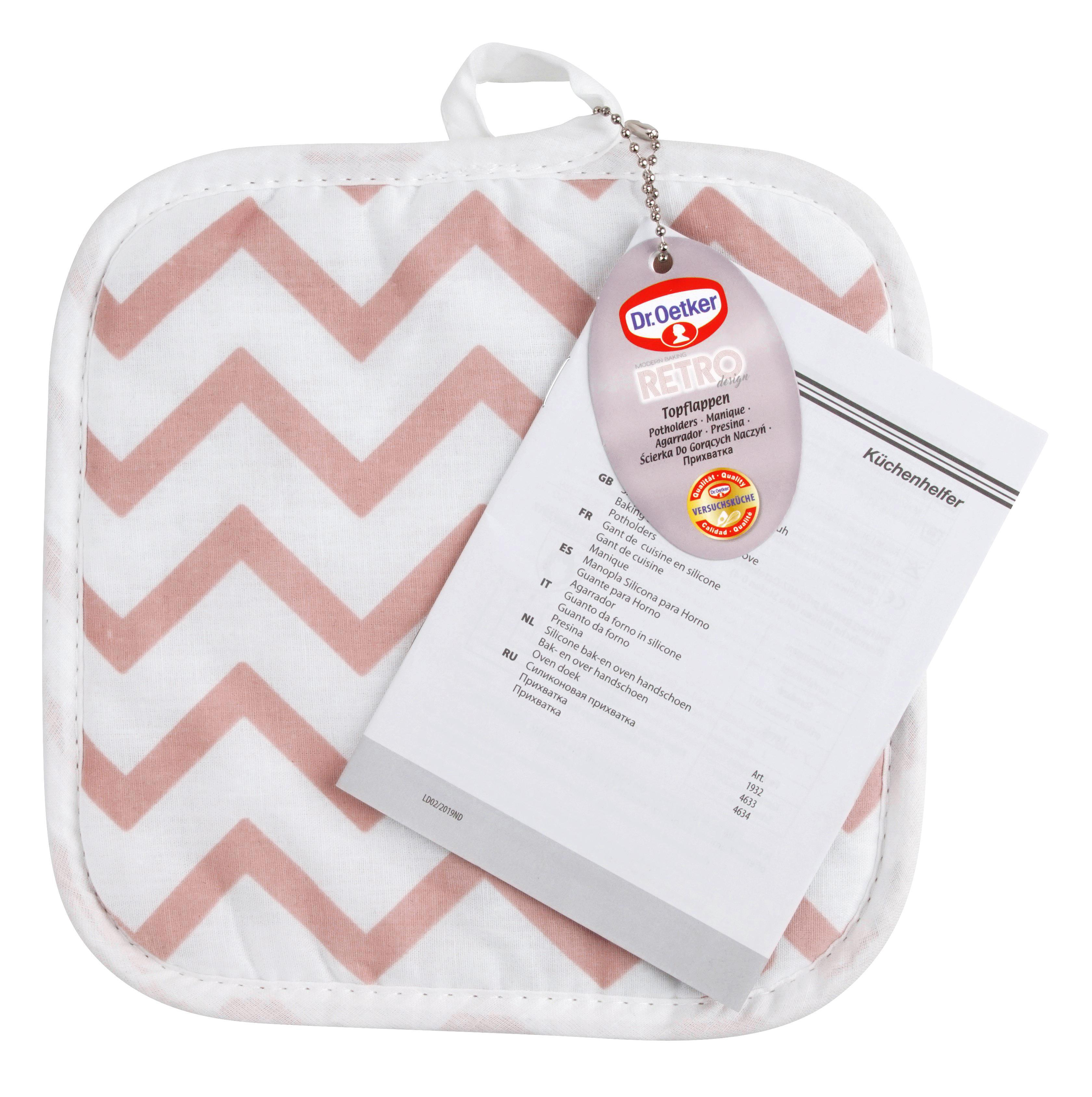 Dr. Oetker Retro Topflappen. Weiß mit rosa Zickzackmuster und Anhänger.
