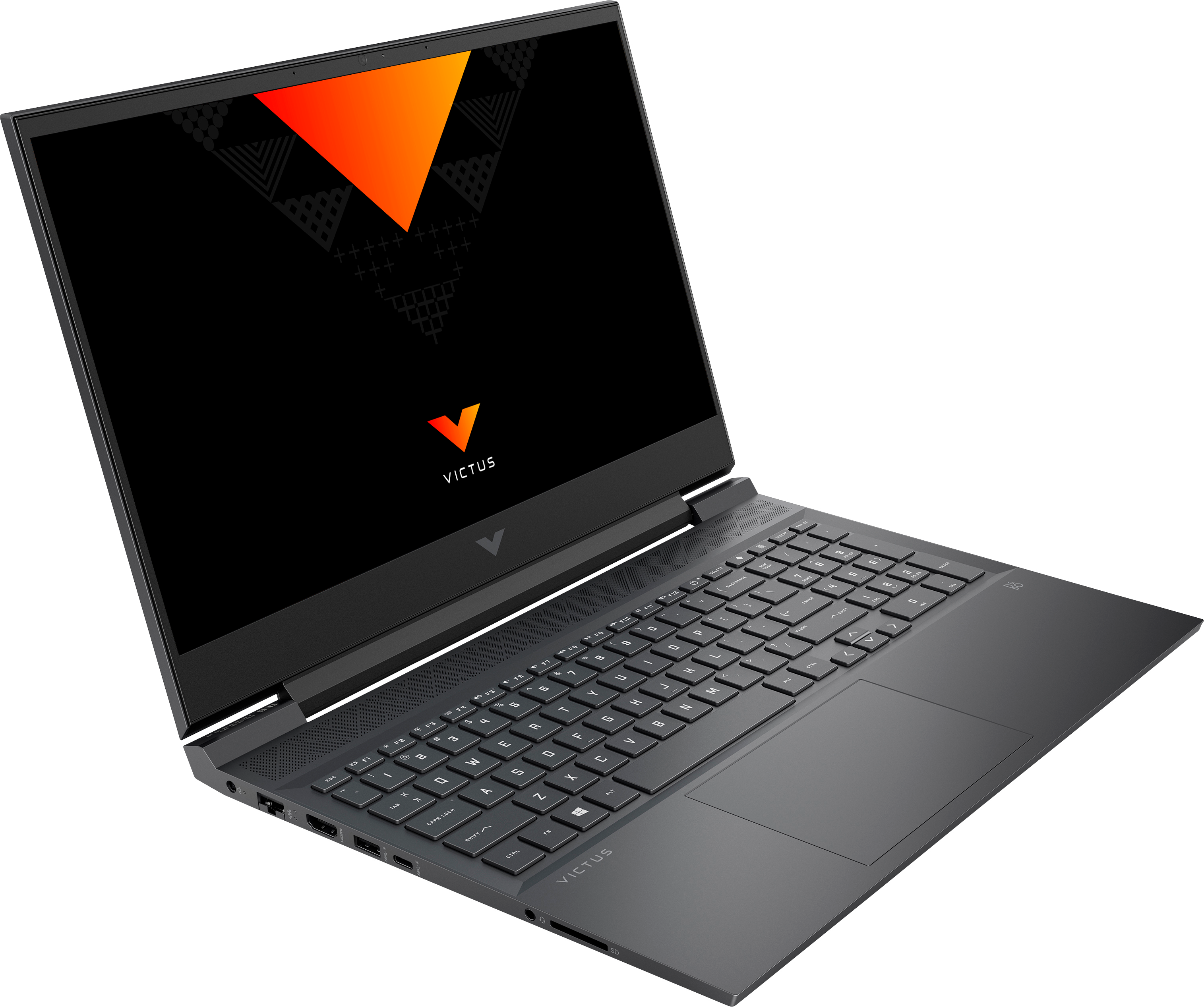 Portátil abierto, cuerpo negro, pantalla naranja y negra, teclado visible.
