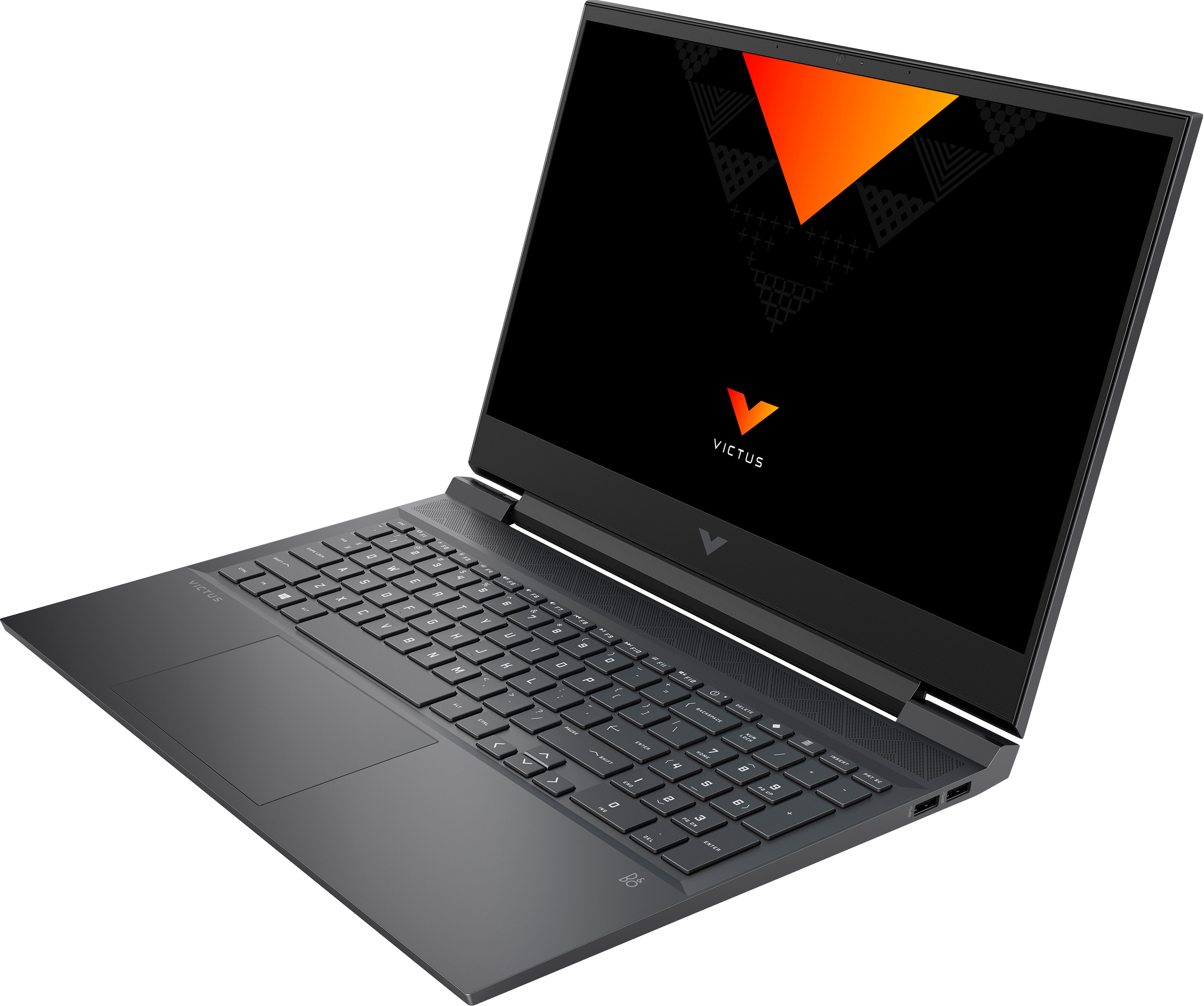 Laptop abierto con logo Victus en pantalla, color oscuro y teclado.