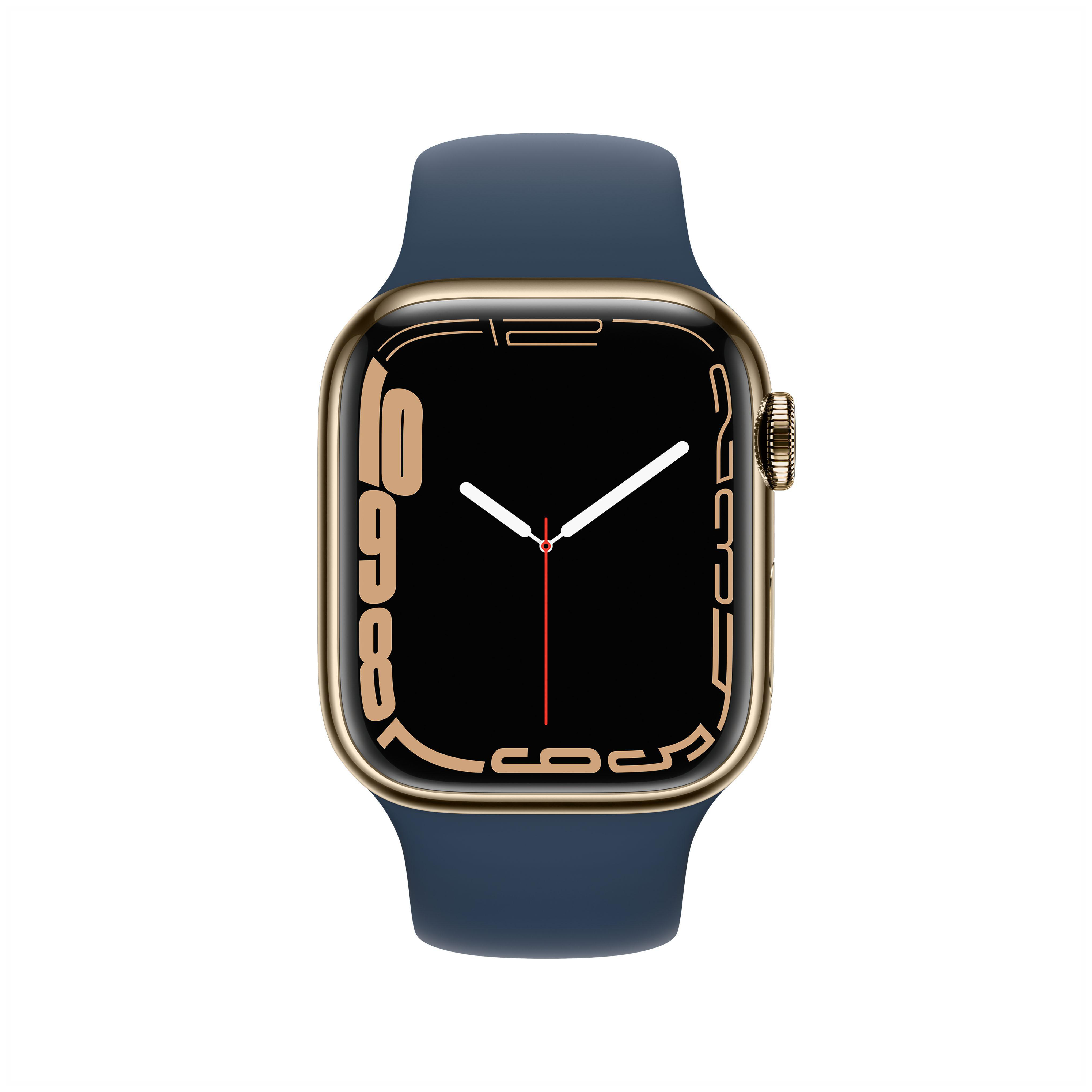 APPLE Watch Series 7 (GPS + Cellular) 41mm Smartwatch Edelstahlgehäuse Fluorelastomer, 130-200 mm, Armband: Abyssblau, Gehäuse: Gold