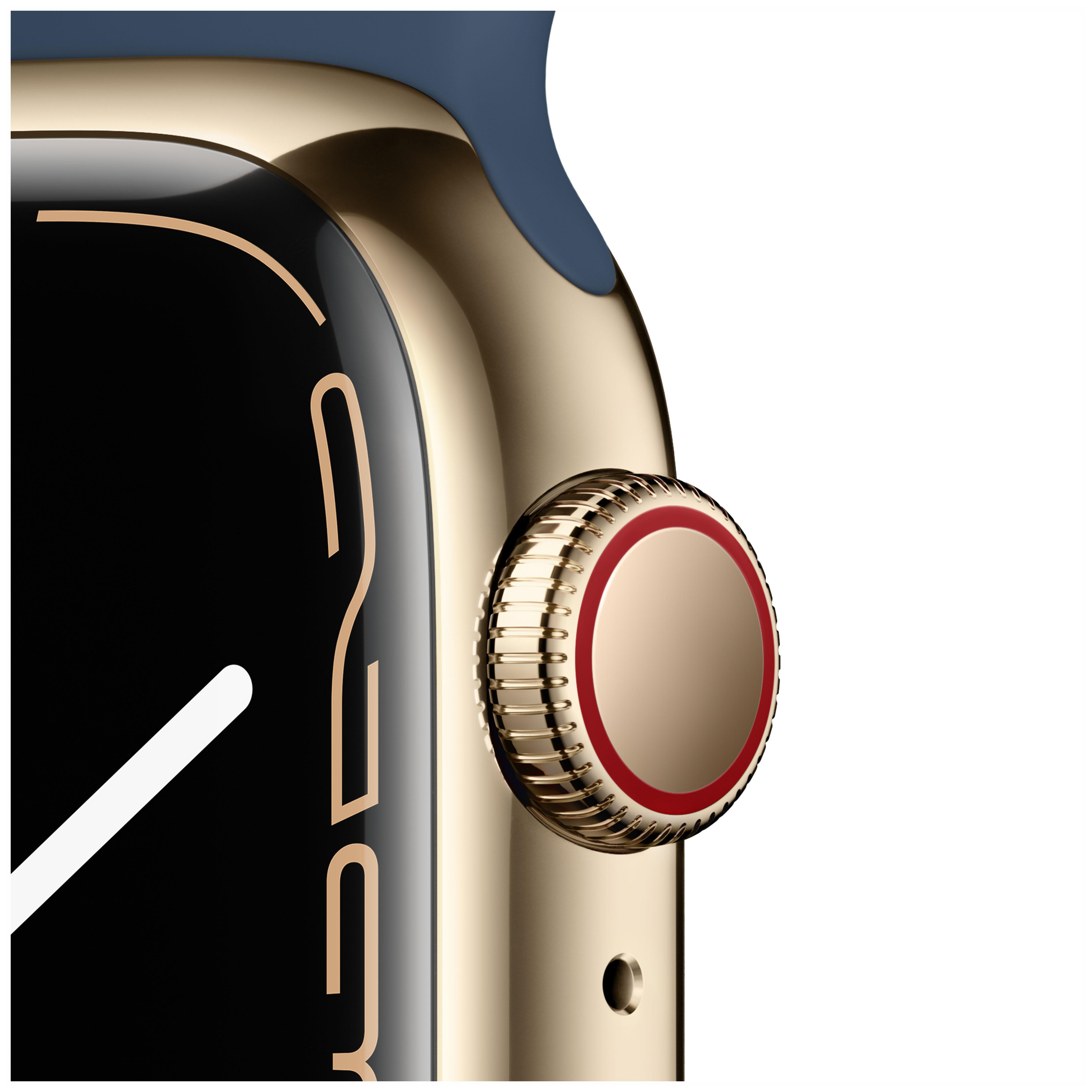 APPLE Watch Series 7 (GPS + Cellular) 41mm Smartwatch Edelstahlgehäuse Fluorelastomer, 130-200 mm, Armband: Abyssblau, Gehäuse: Gold
