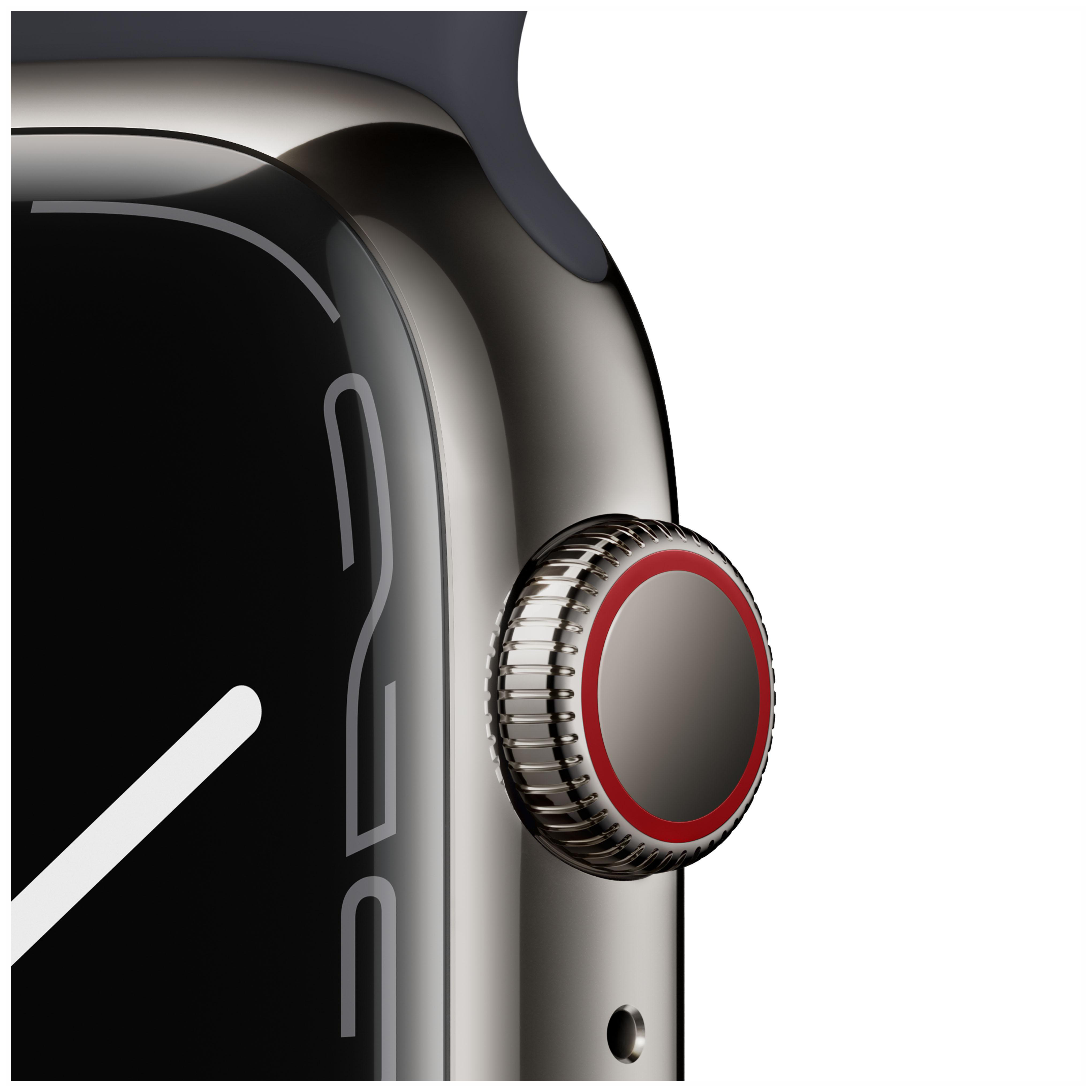 Nahaufnahme der digitalen Krone und der Seitentaste einer Apple Watch an einer silbernen Uhr.