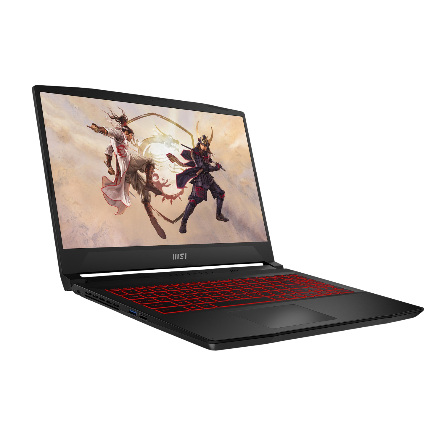 Laptop con pantalla mostrando una escena de batalla. Teclado rojo y cuerpo negro. Fondo oscuro.