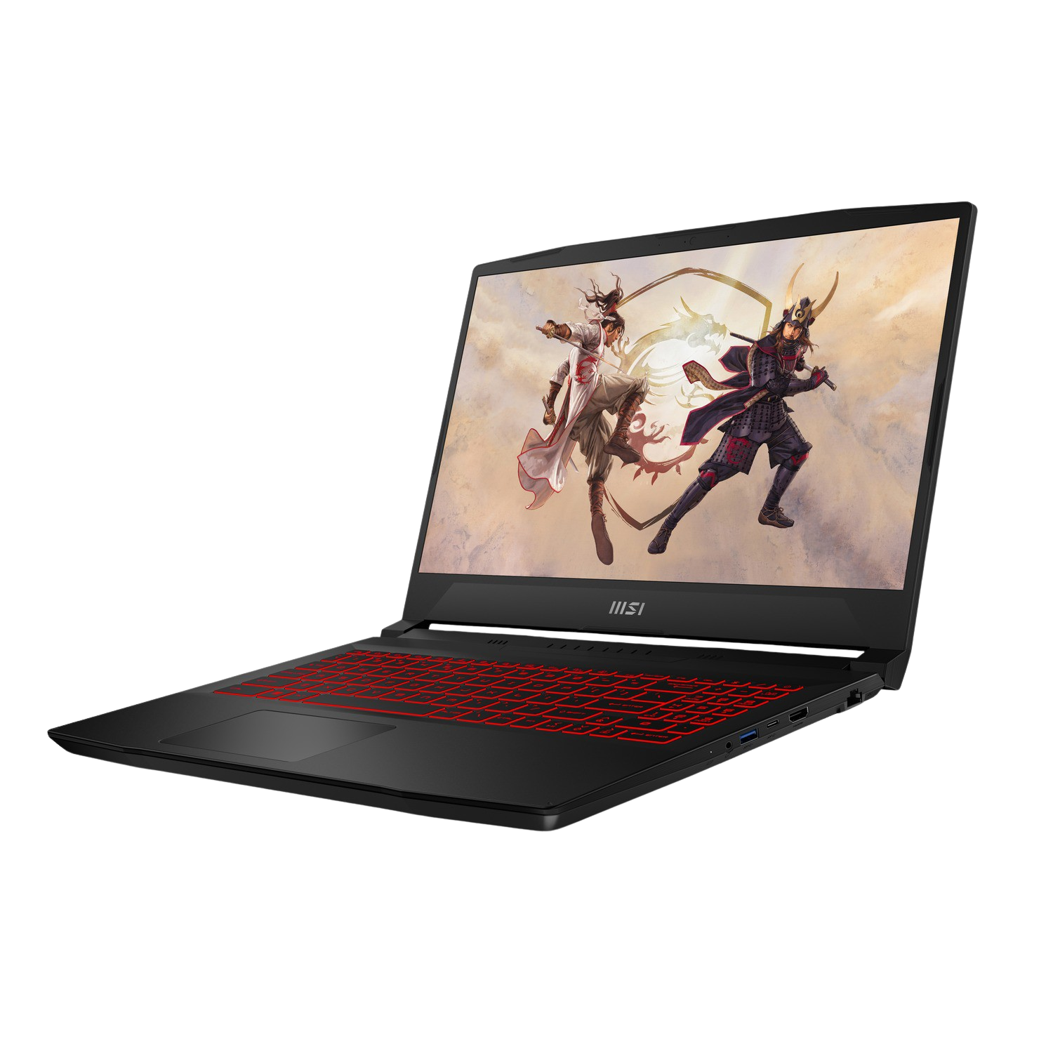 Portátil negro con teclado rojo, mostrando una escena de juego en la pantalla.