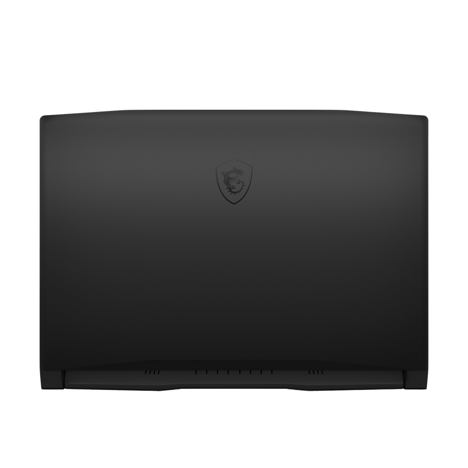 Ordenador portátil negro con el logotipo de MSI en la parte superior. El portátil está cerrado y tiene un diseño sencillo y oscuro.