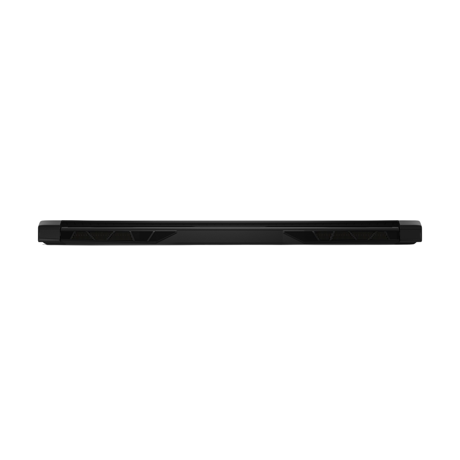 Dispositivo negro y rectangular, posiblemente un portátil, visto de lado sobre un fondo negro.