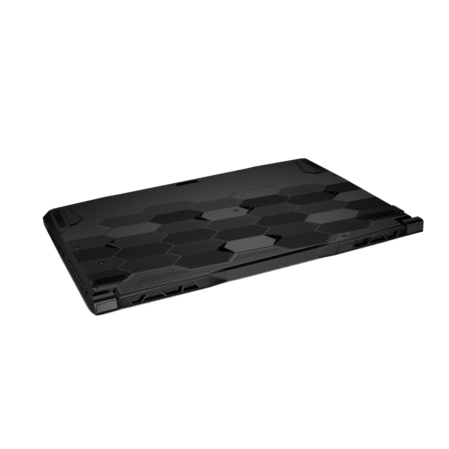 Ordenador portátil negro, vista en ángulo. La superficie tiene un patrón hexagonal.
