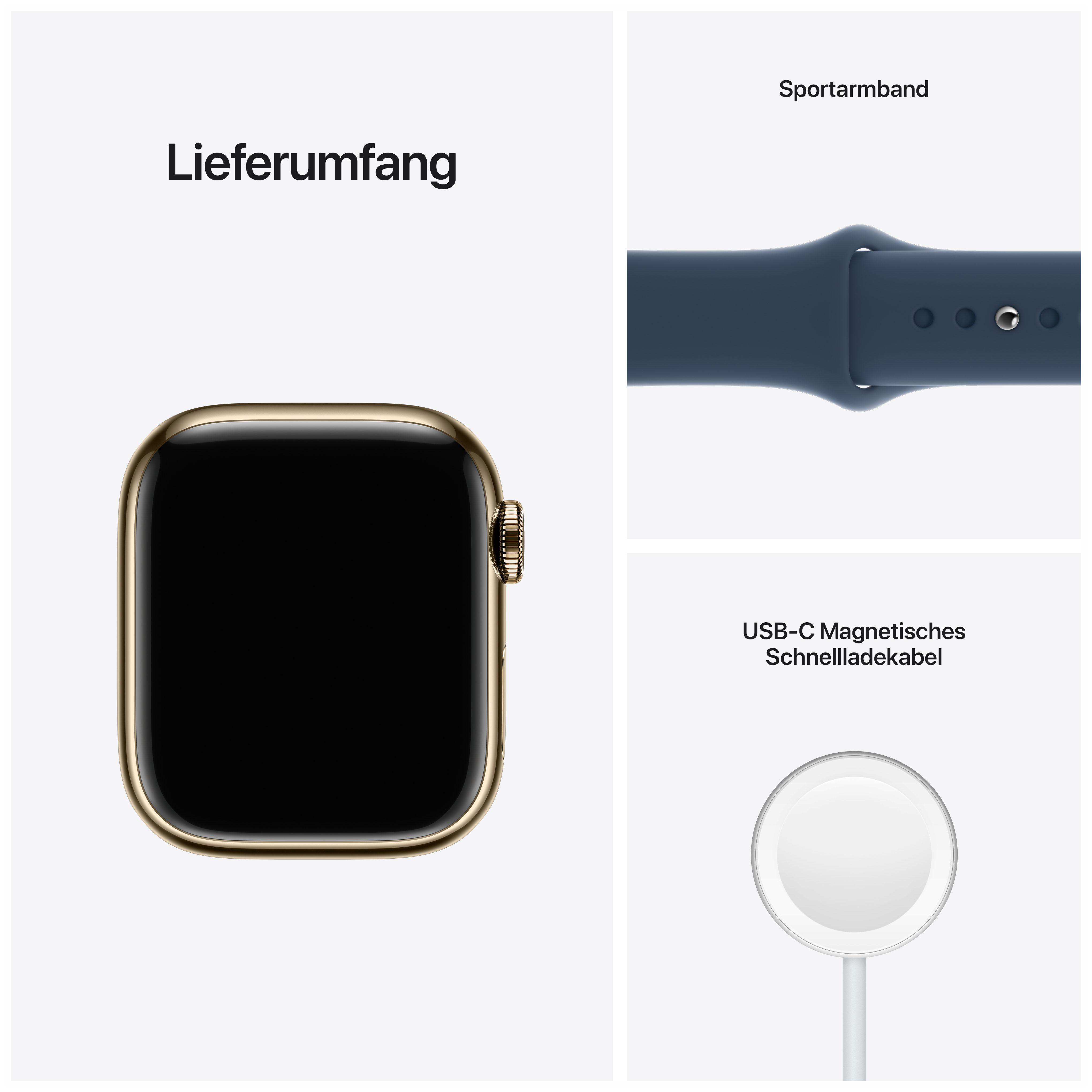 APPLE Watch Series 7 (GPS + Cellular) 41mm Smartwatch Edelstahlgehäuse Fluorelastomer, 130-200 mm, Armband: Abyssblau, Gehäuse: Gold