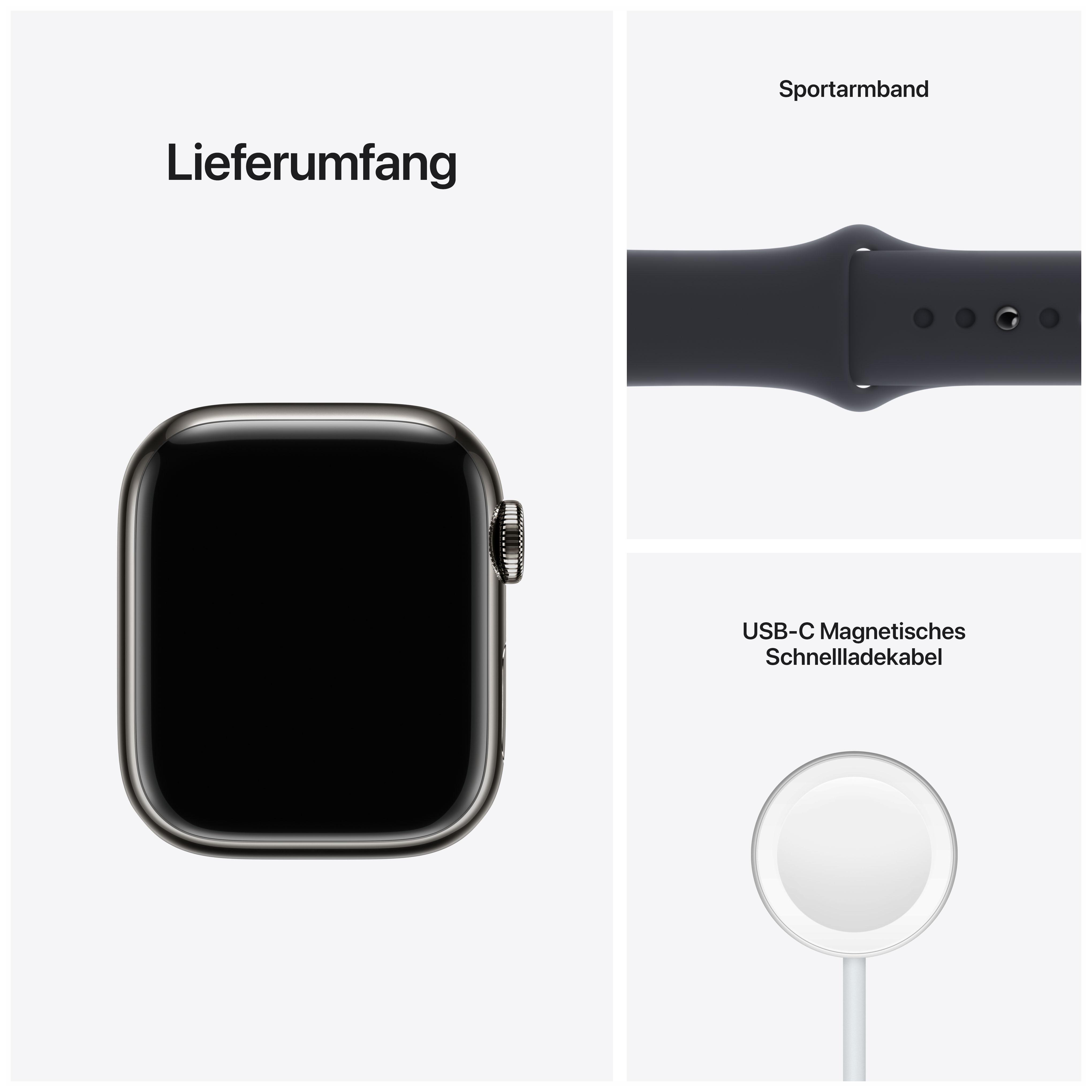 APPLE Watch Series 7 (GPS + Cellular) 41mm Smartwatch Fluorelastomer, 130 - 200 mm, Armband: Mitternacht, Gehäuse: Graphit