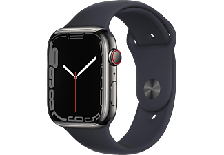 APPLE Watch Series 7 (GPS + Cellular) 45mm Smartwatch Fluorelastomer, 140 - 220 mm, Armband: Mitternacht, Gehäuse: Graphit