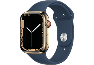 APPLE Watch Series 7 (GPS + Cellular) 45mm Smartwatch Edelstahlgehäuse Fluorelastomer, 140 - 220 mm, Armband: Abyssblau, Gehäuse: Gold