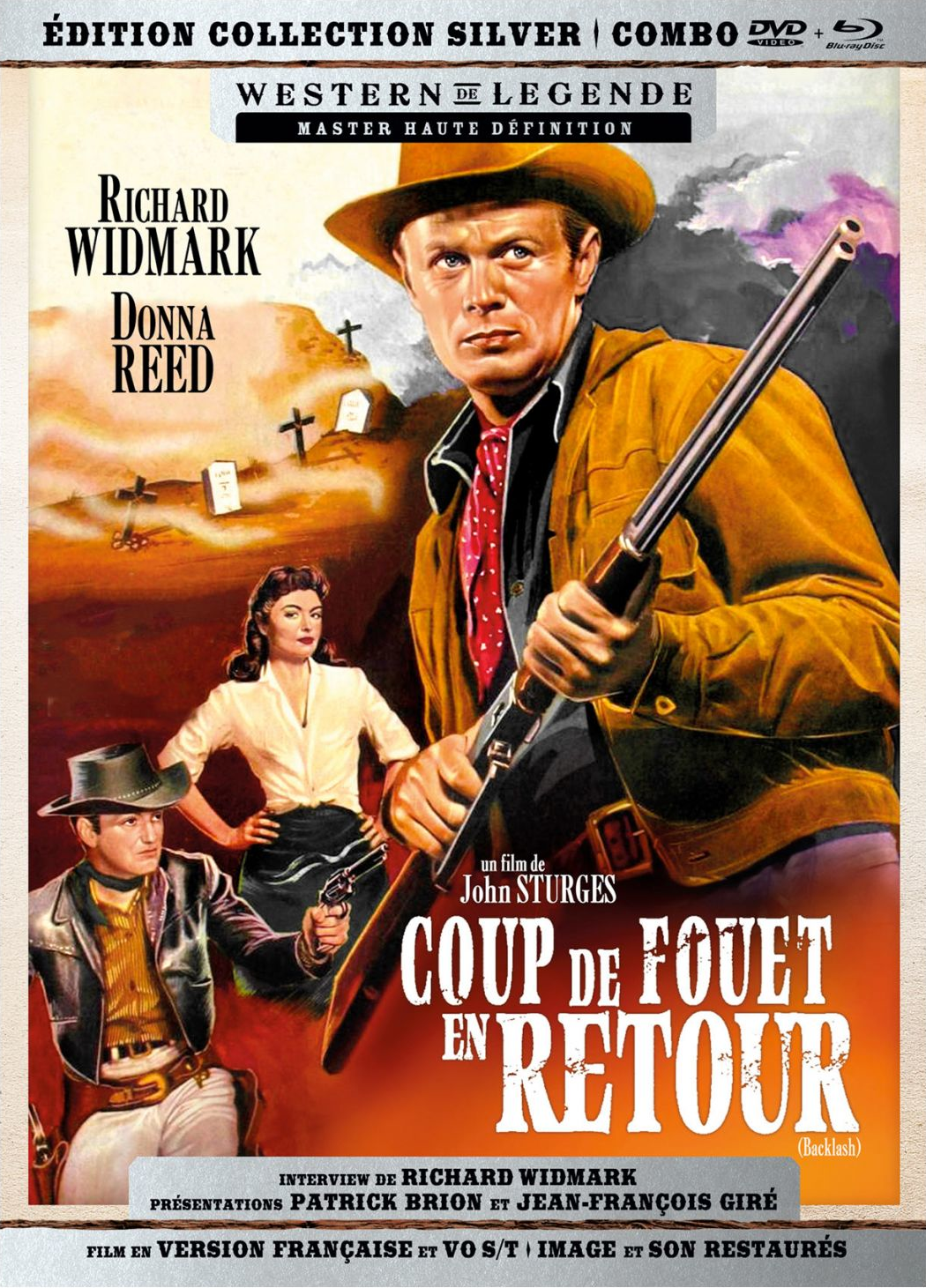 Filmposter voor 'Backlash' met Richard Widmark en Donna Reed. Een man houdt een geweer vast, twee anderen zijn aanwezig.