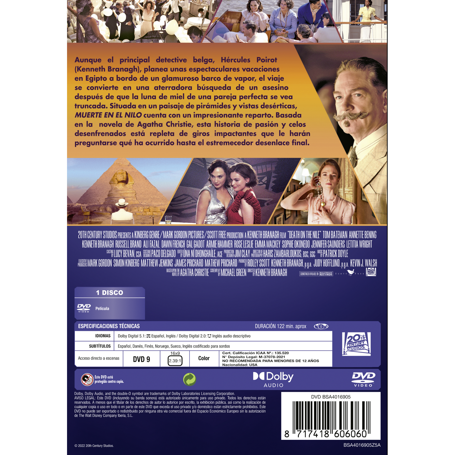 Portada de DVD de Muerte en el Nilo. Texto e imágenes sobre fondo beige.