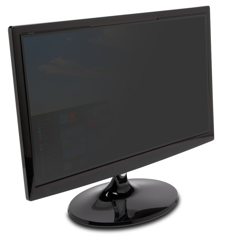 Egy fekete számítógép monitor sötét képernyővel. Az alap kerek és fényes.