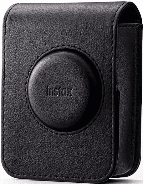 Black leather Instax camera case with the Instax logo embossed on the front. The case is closed.