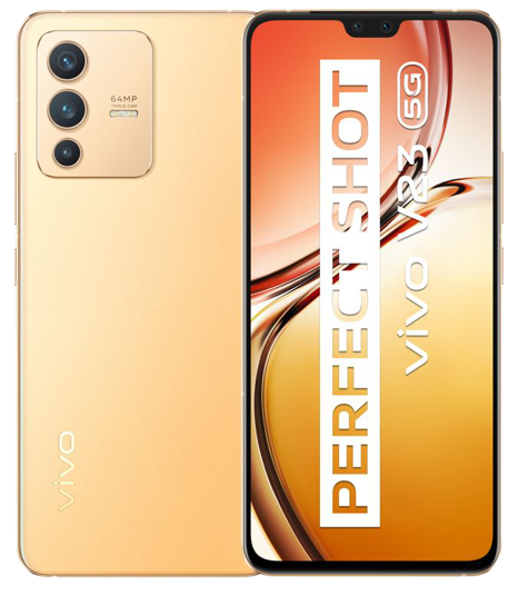 Goldenes Vivo V23 5G Smartphone, zeigt seinen Bildschirm mit Text und Kamera.