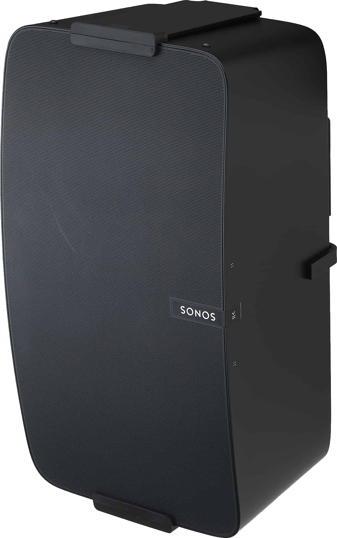 Zwarte Sonos-luidspreker aan de muur. Het heeft een gaasfront.