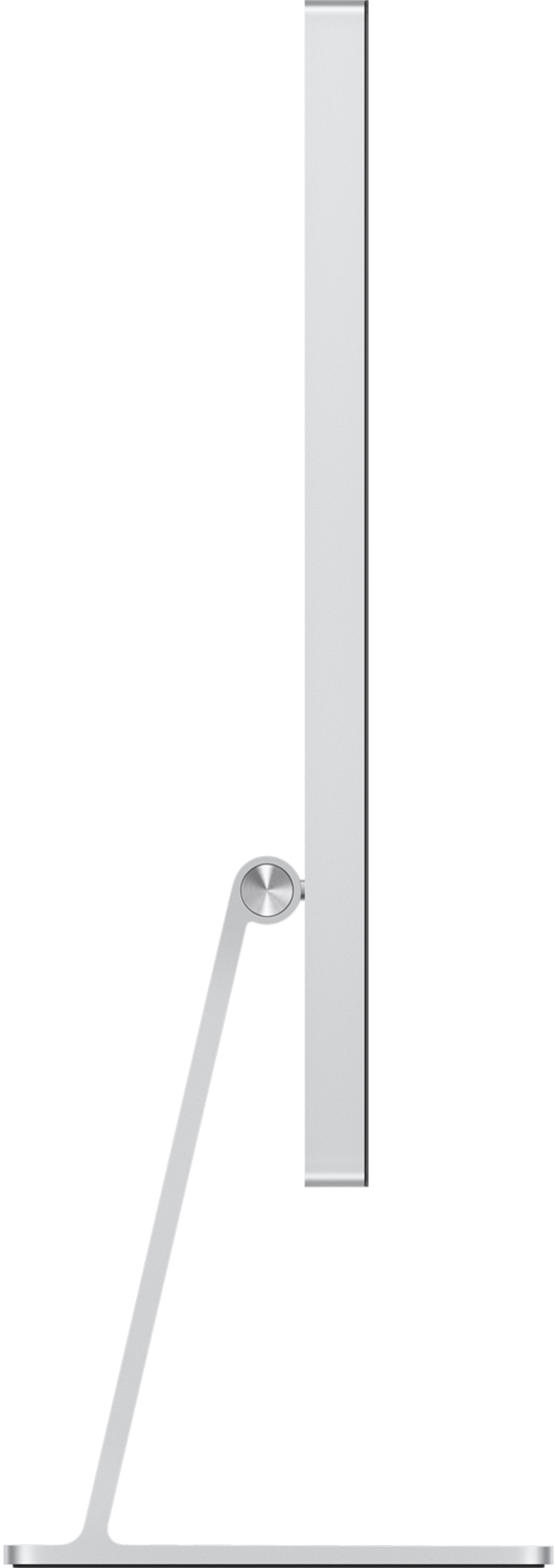 Zilveren computermonitor zijaanzicht, met standaard, op een witte achtergrond.