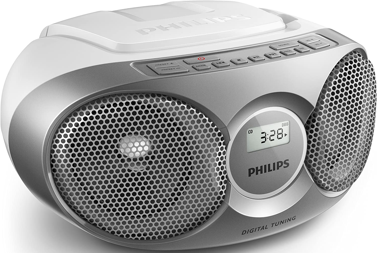 Fehér és ezüst Philips boombox digitális kijelzővel és nagy hangszórókkal.