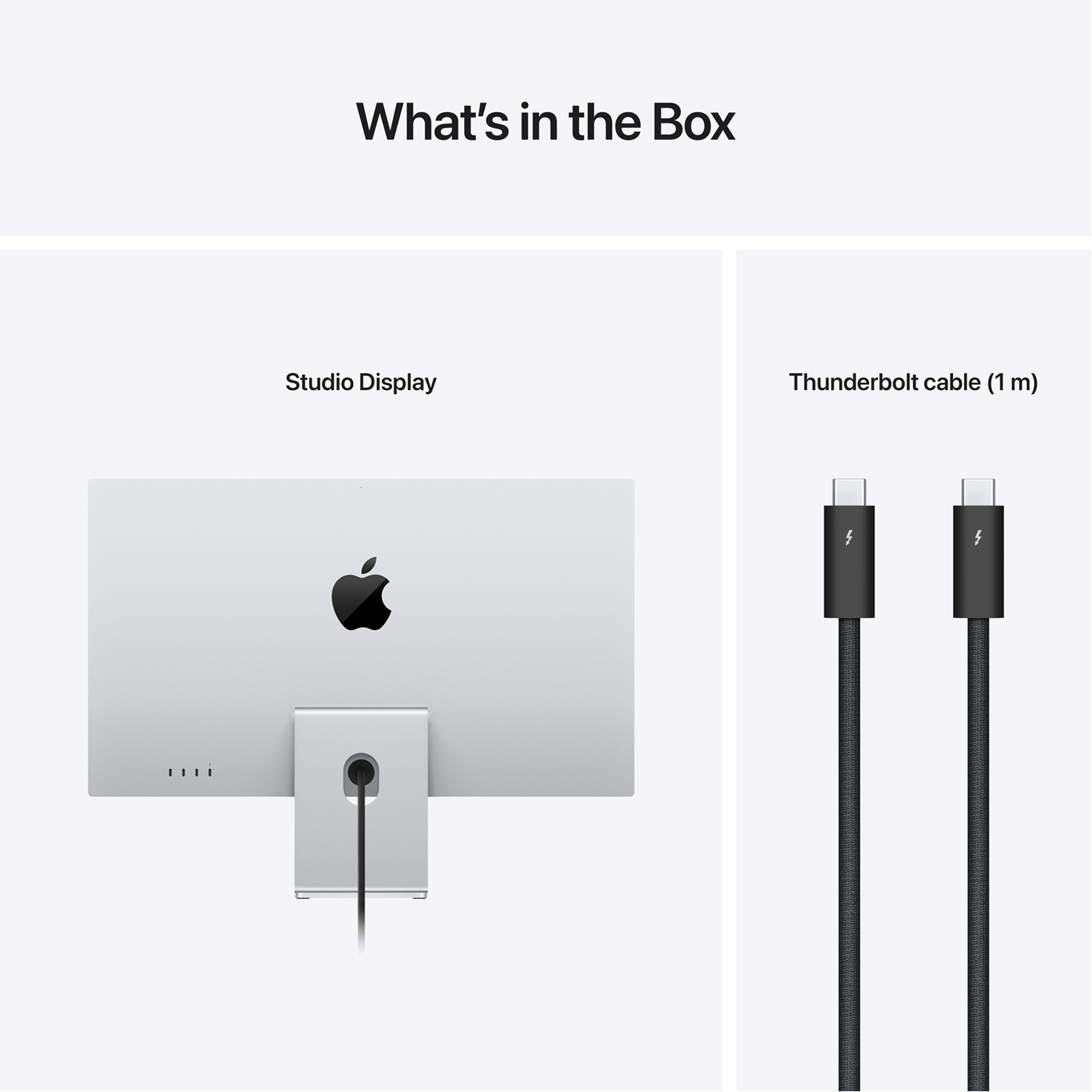 Monitor en twee zwarte Thunderbolt-kabels.