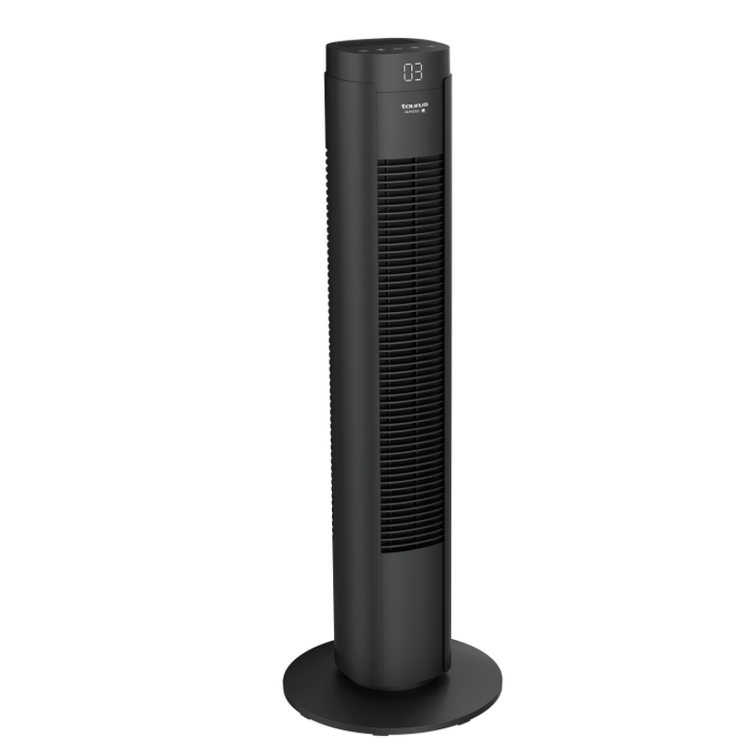 Un ventilador de torre negro sobre un fondo blanco. Tiene una pantalla digital.