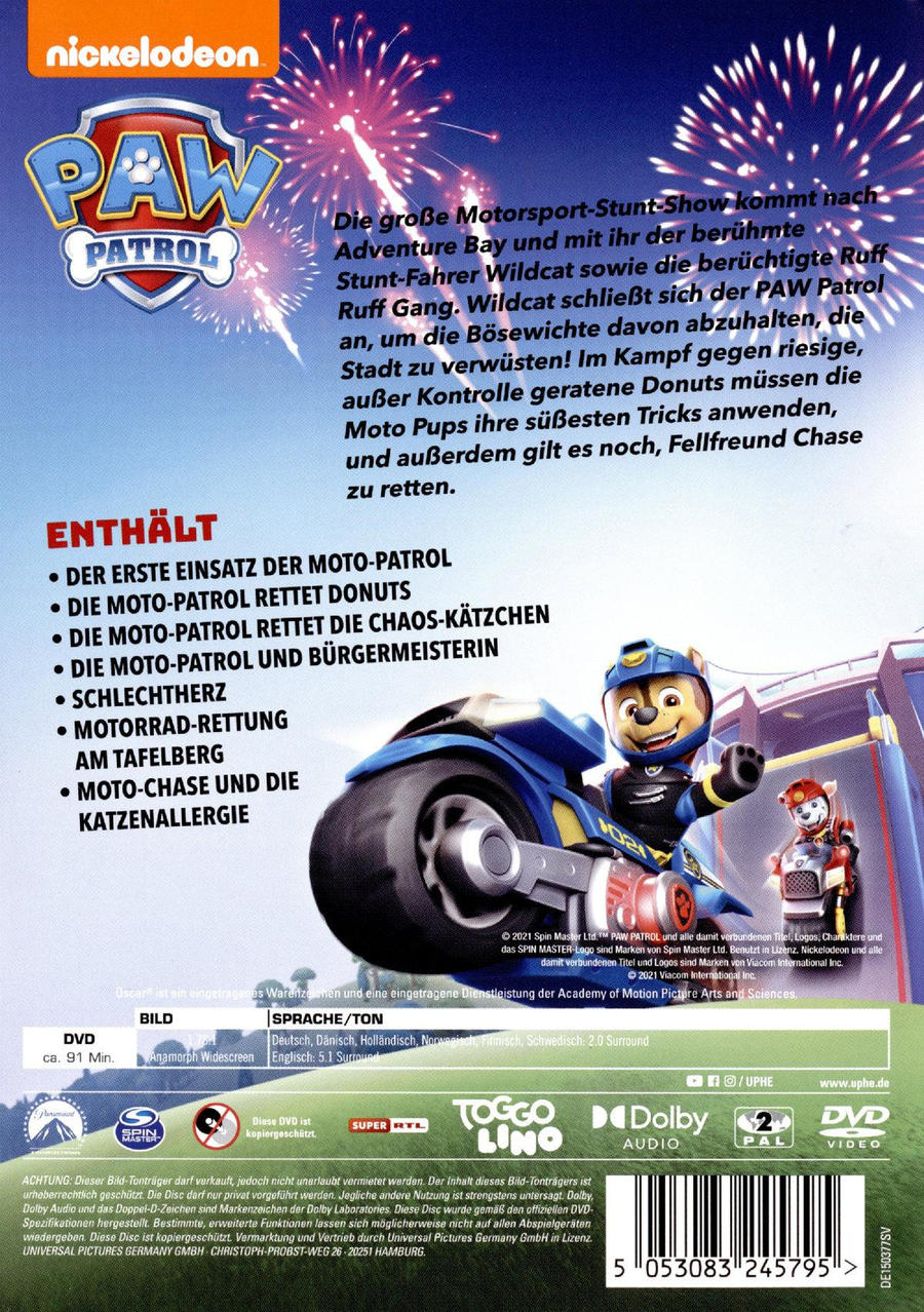 Rückseite einer Paw Patrol DVD. Enthält Charaktere und Text auf Deutsch.