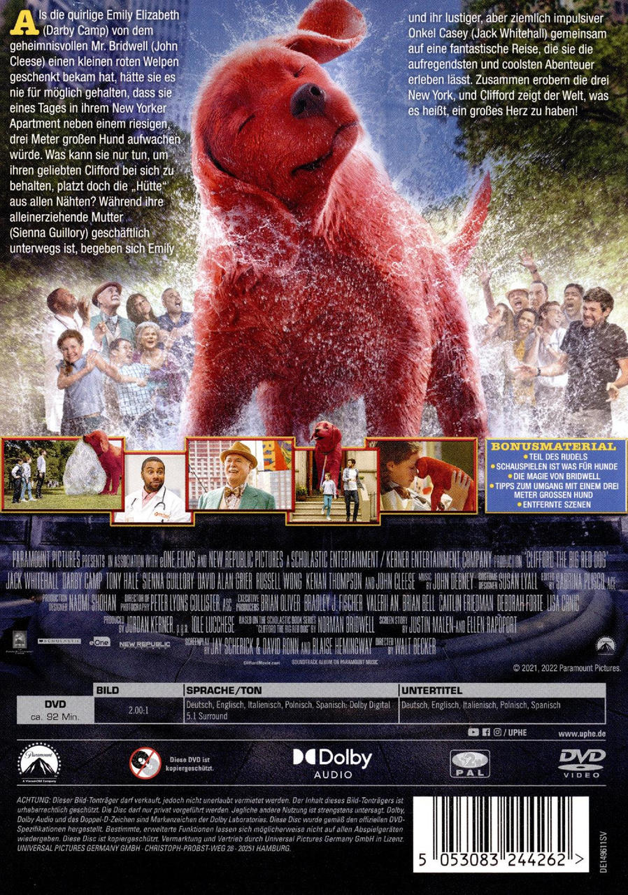 Filmcover von Clifford der große rote Hund. Ein roter Hund im Wasser, Menschen im Hintergrund.