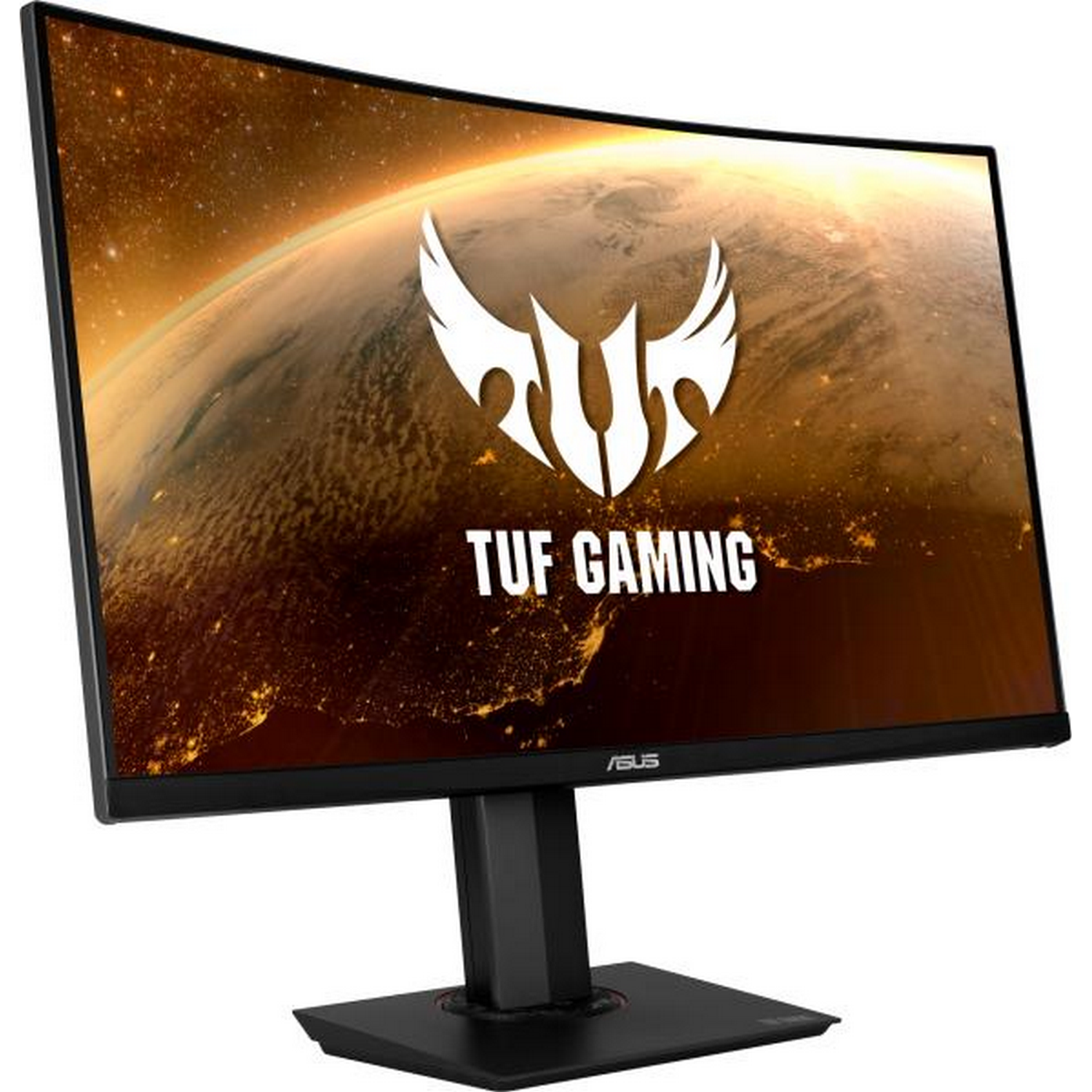 Monitor curvo para juegos mostrando una imagen del mundo con el logo TUF GAMING y ASUS.