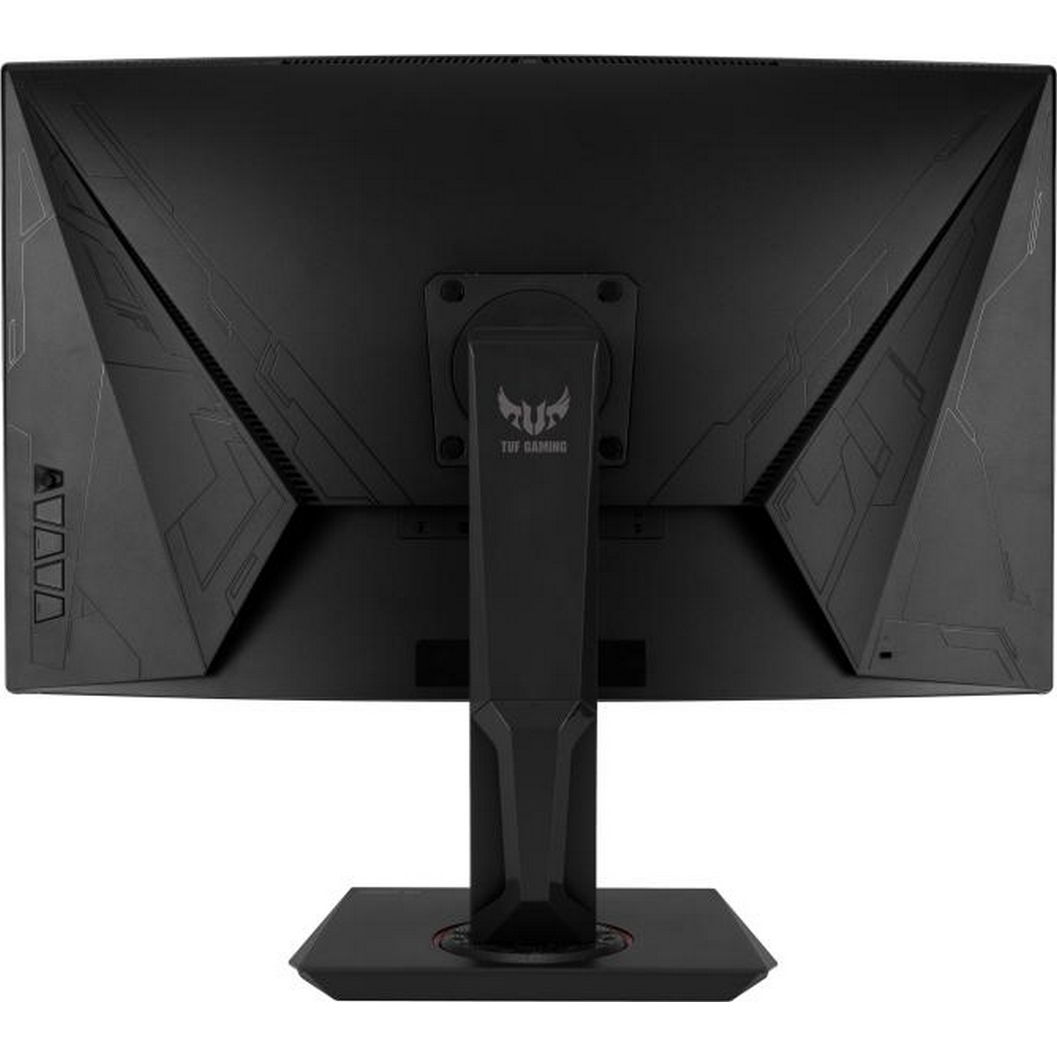La parte trasera de un monitor ASUS TUF Gaming negro, con soporte y logotipo.