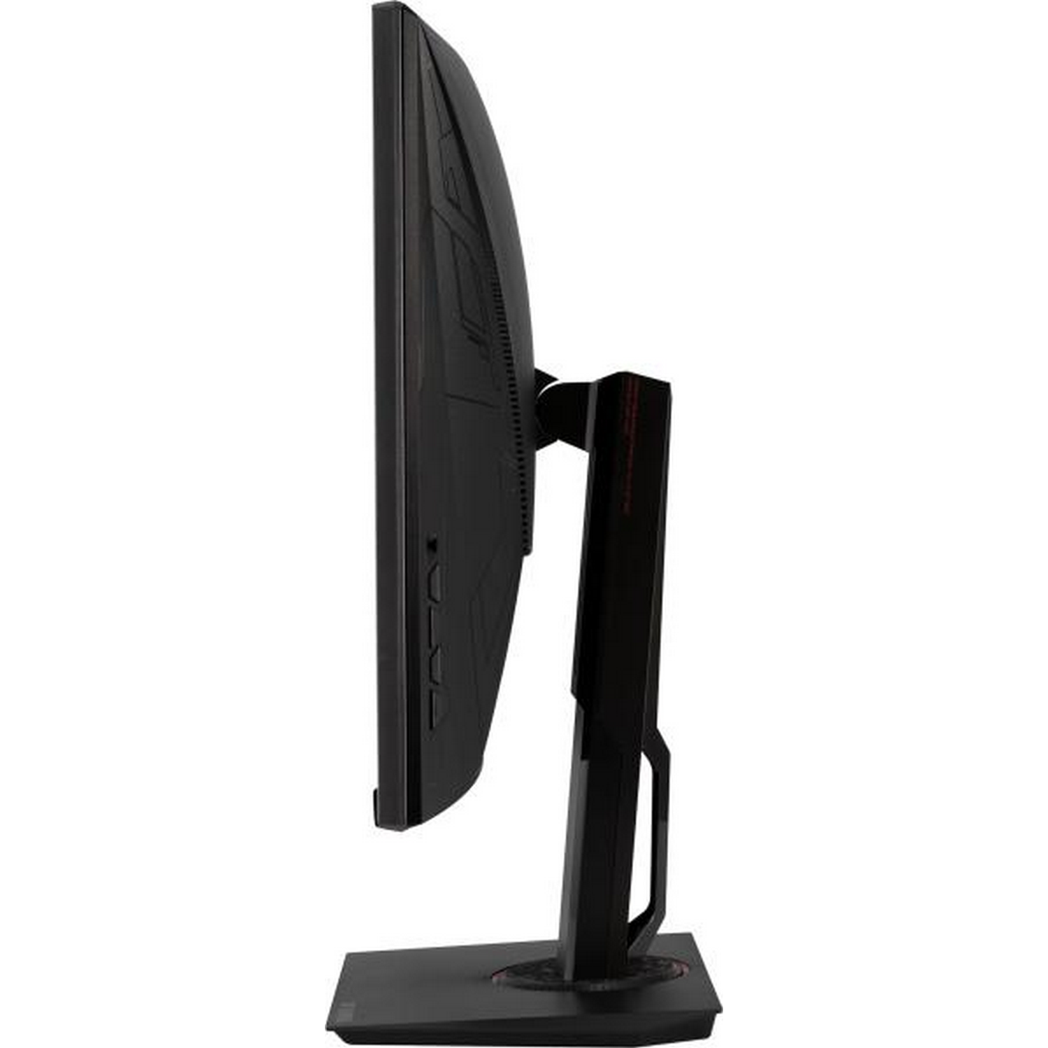 Un monitor de ordenador negro visto de lado. Está sobre un soporte y tiene un marco negro.