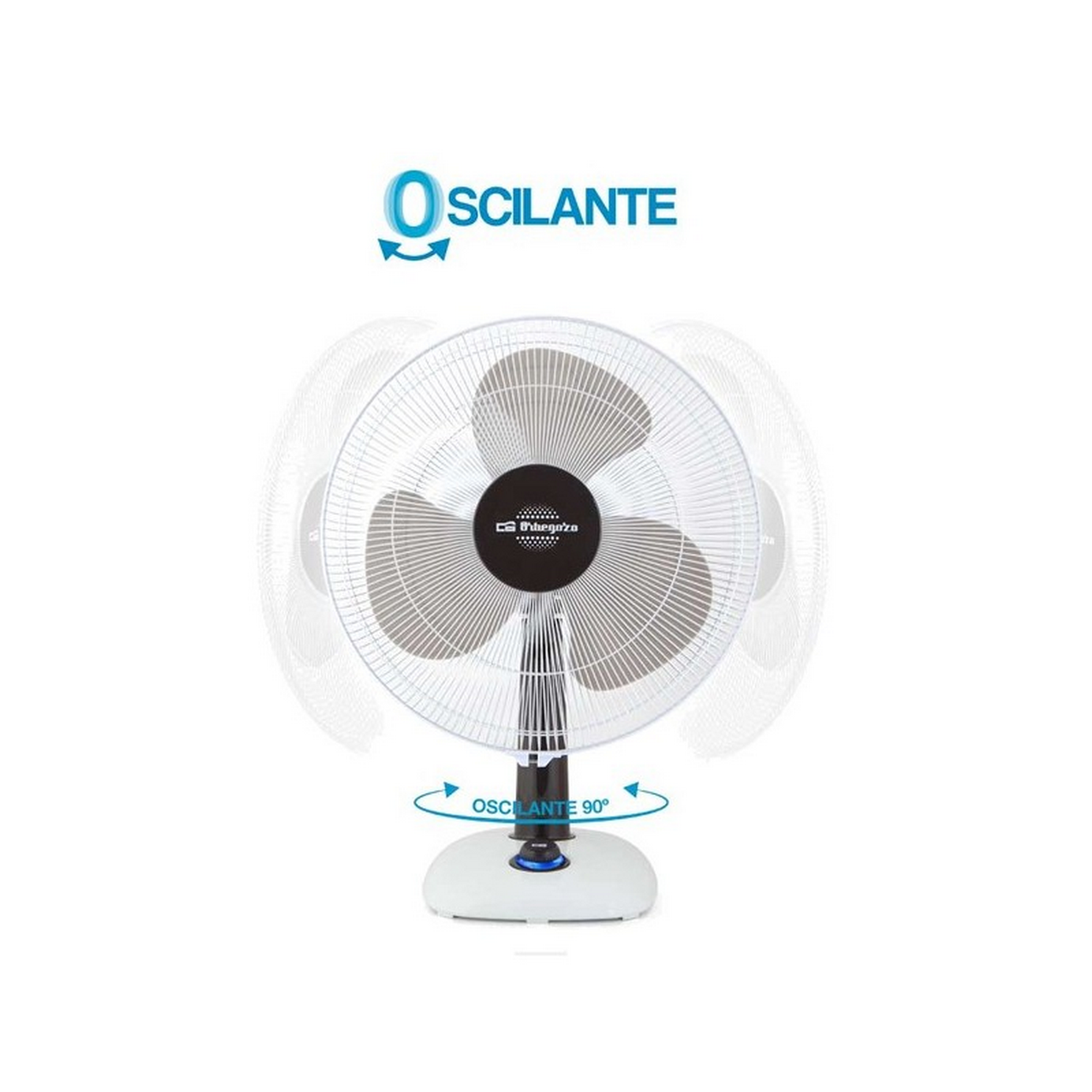 Un ventilador oscilante blanco. El ventilador está sobre una base blanca y tiene tres aspas.