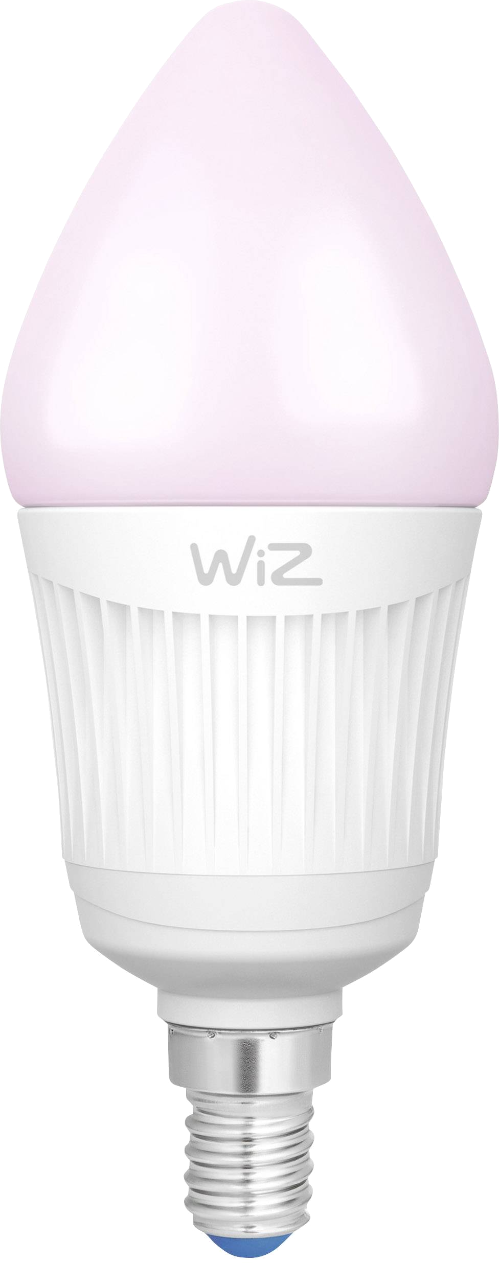 Een witte Wiz slimme lamp. De bovenkant is lichtroze. De basis is wit met verticale lijnen. De schroefvoet is zilver met een blauwe punt.