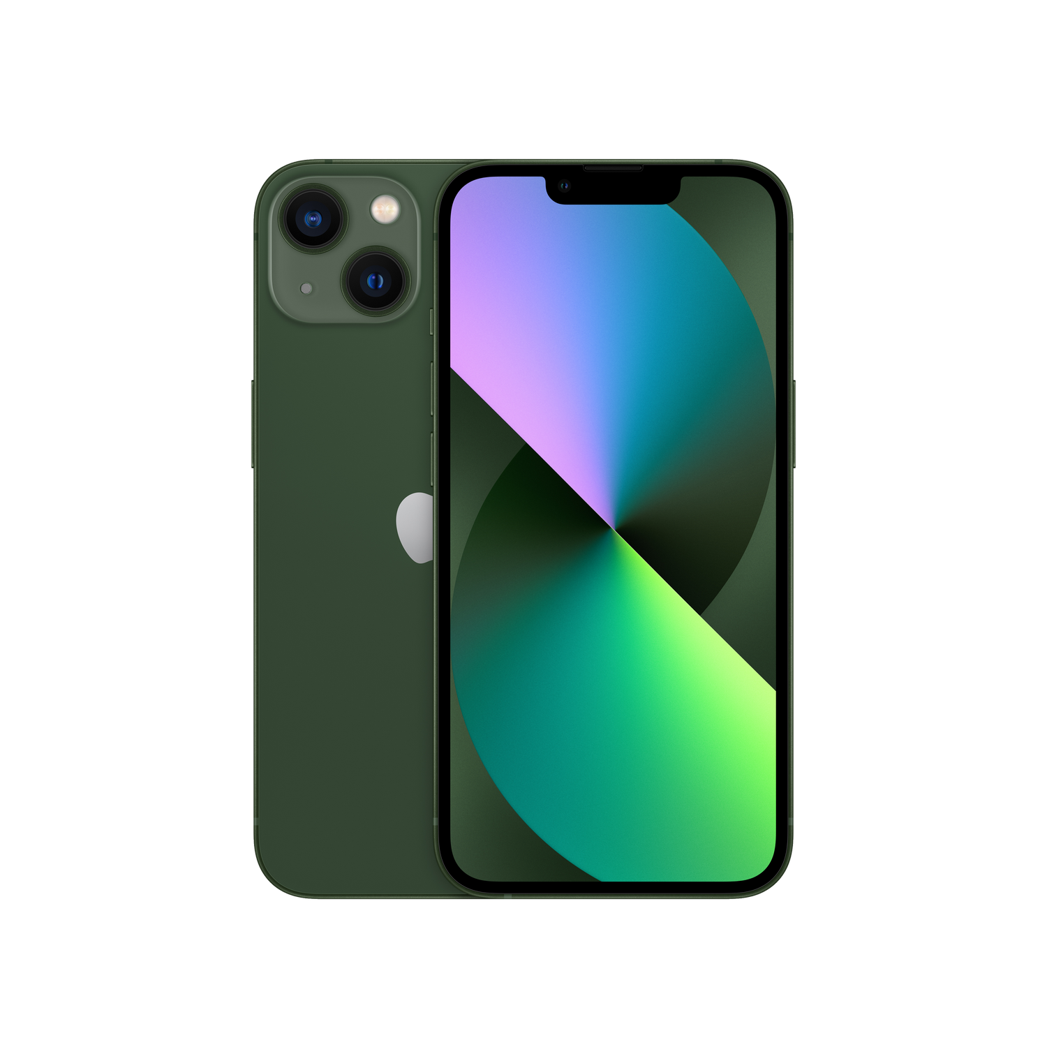 iPhone verde con dos cámaras. La pantalla muestra un diseño abstracto y colorido.
