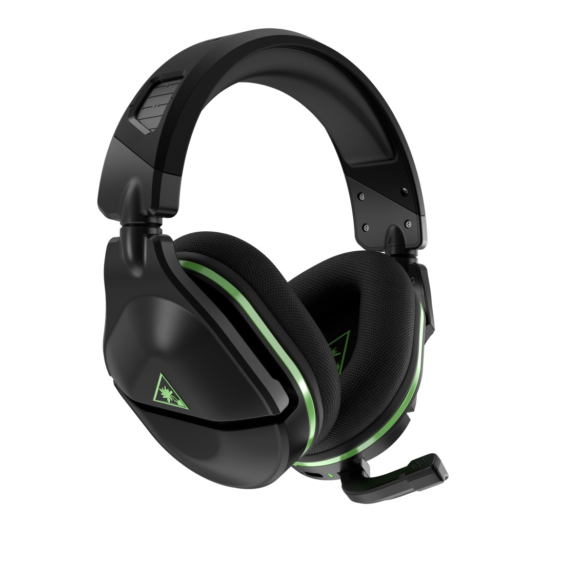 Schwarzes Gaming-Headset mit grünen Akzenten, Mikrofon und Logo.
