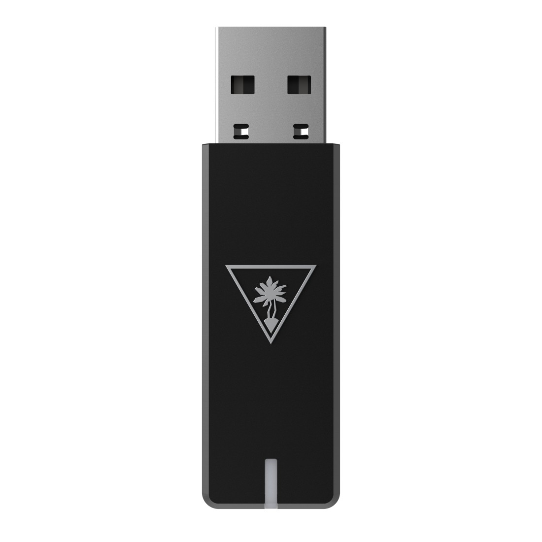 Schwarzer USB-Dongle mit einem dreieckigen Logo und einem silbernen USB-Anschluss.